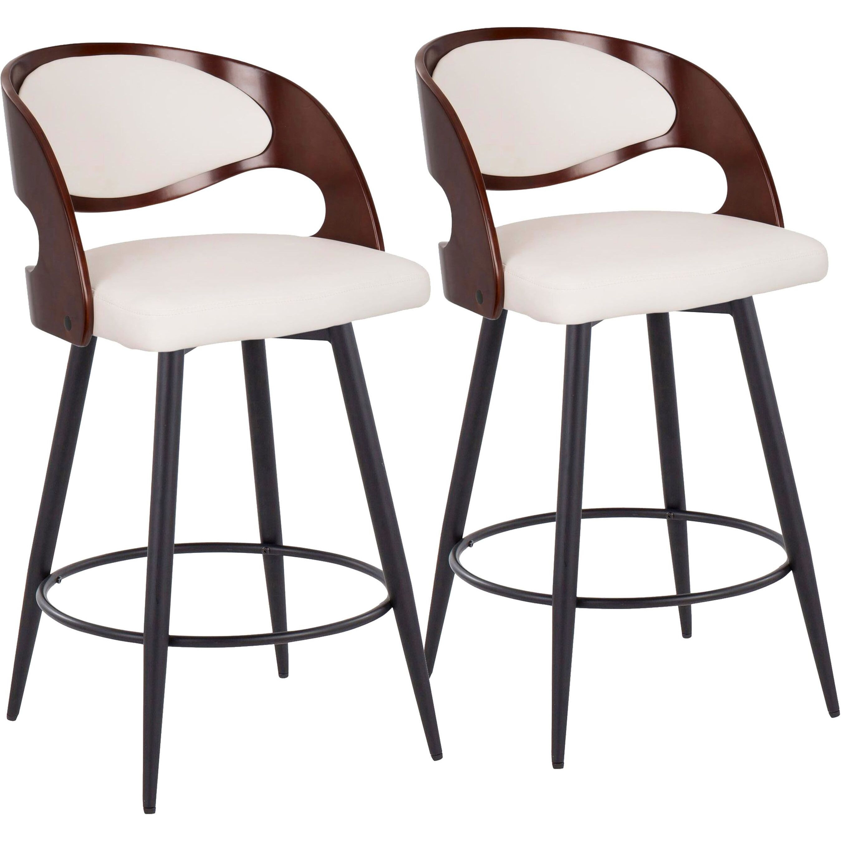 Pino 26"" Mid-Century Modern Fixed-Height Counter Stool With Swivel In Cherry Wood  Black Metal  And White Faux Leather With Round Metal Footrest By Lumisource - Set Of 2