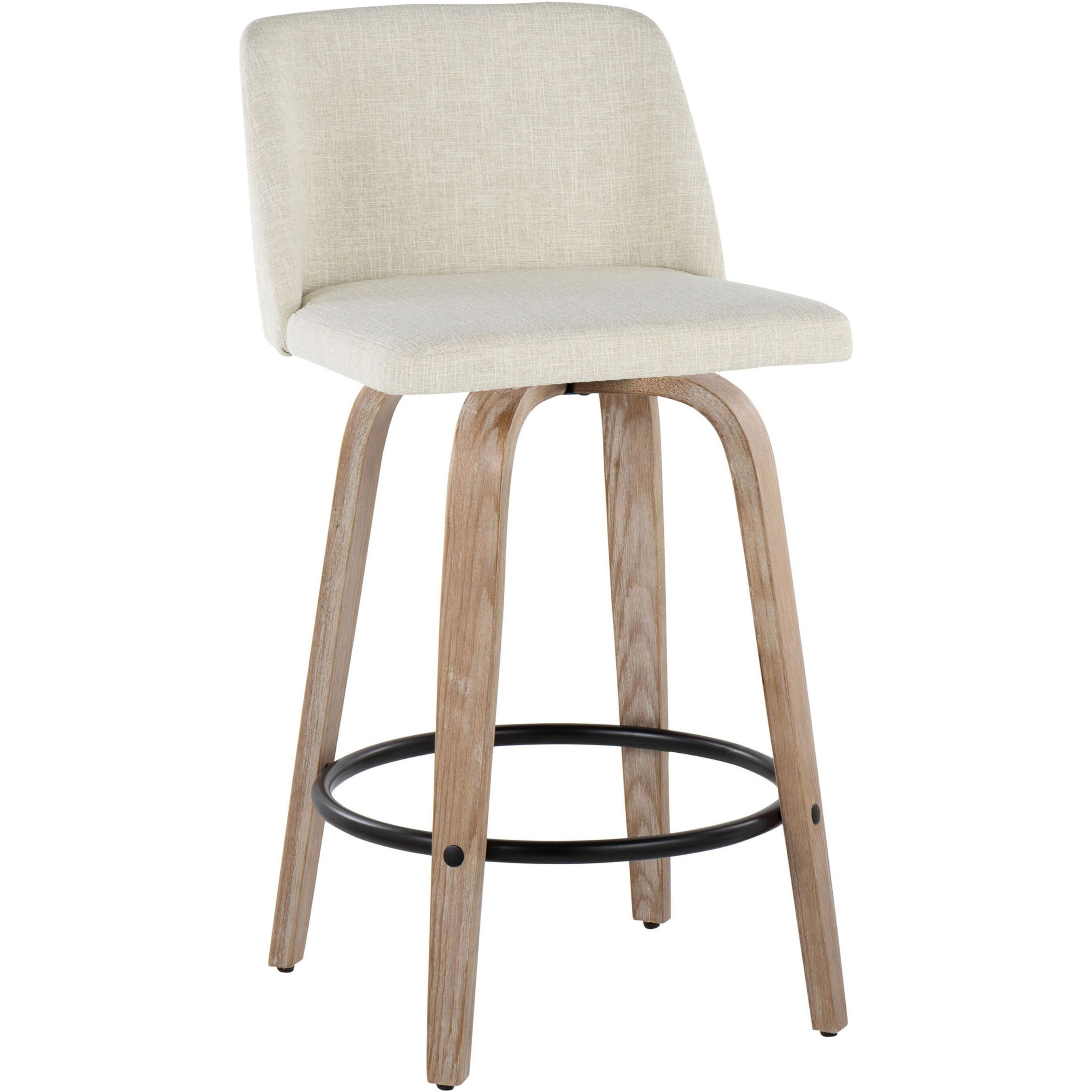 Toriano 26"" Contemporary Fixed-Height Counter Stool With Swivel In Whitewashed Wood And Cream Fabric With Round Black Metal Footrest By Lumisource - Set Of 2