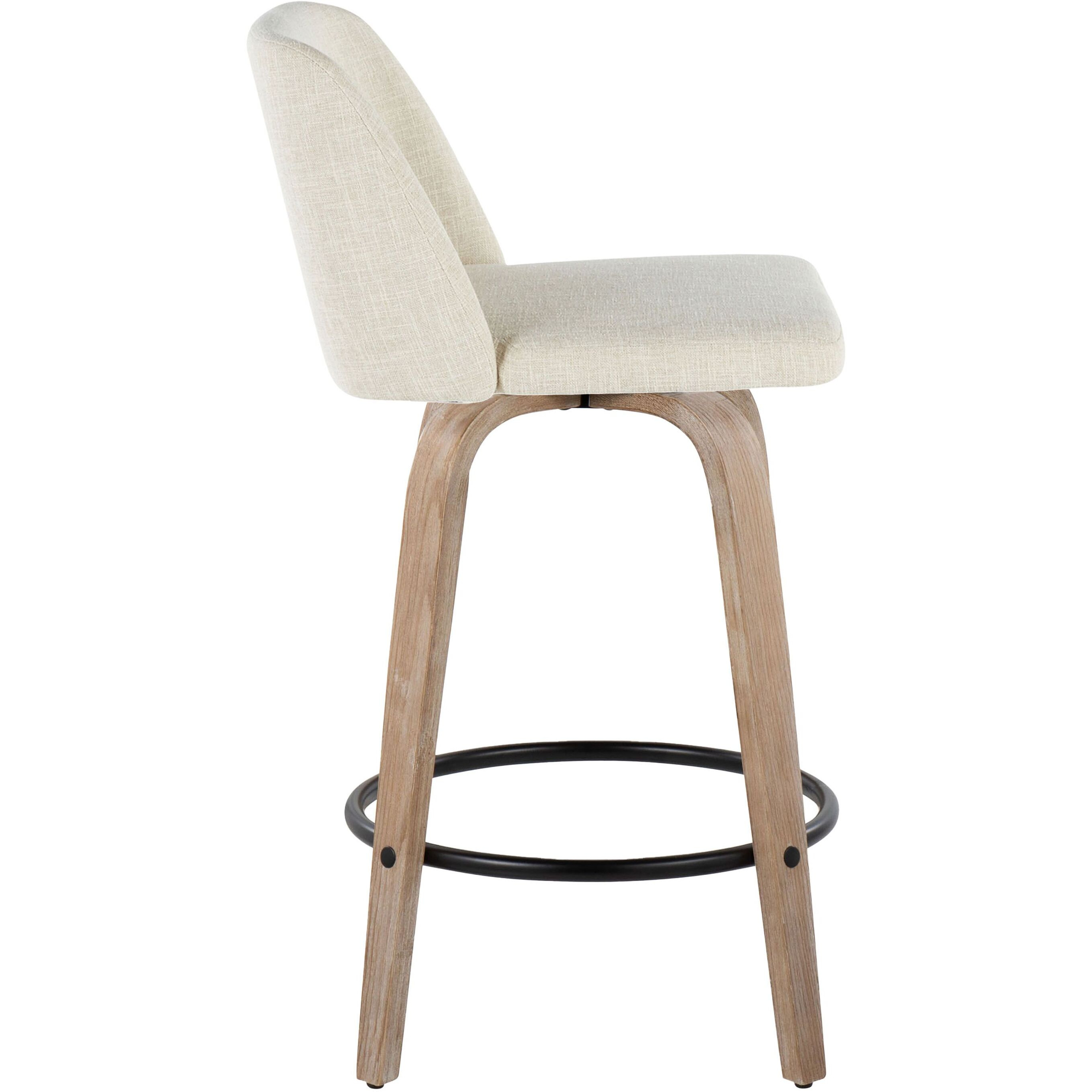Toriano 26"" Contemporary Fixed-Height Counter Stool With Swivel In Whitewashed Wood And Cream Fabric With Round Black Metal Footrest By Lumisource - Set Of 2