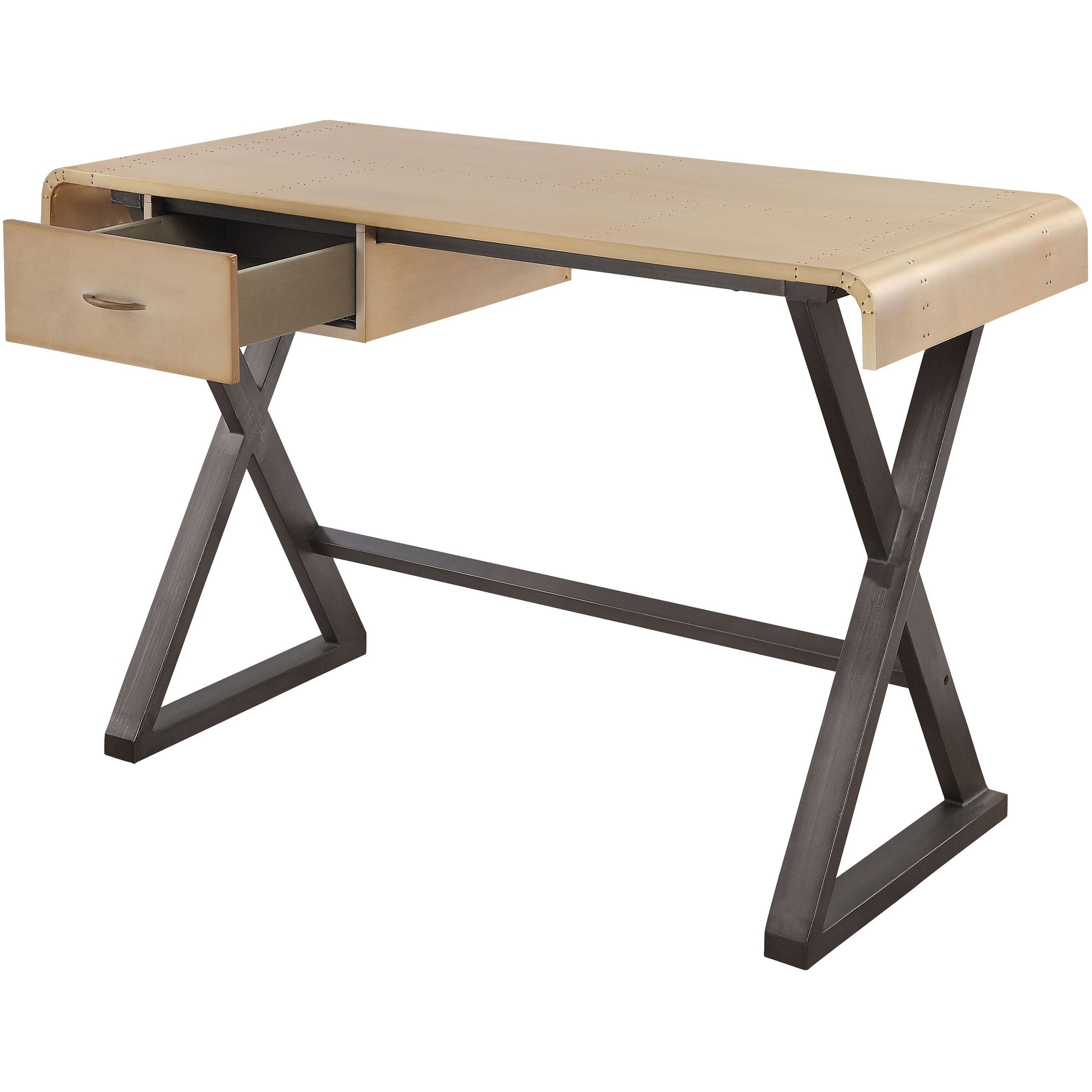 Gold Aluminum And Grey Writing Desk With X Shape Metal Base