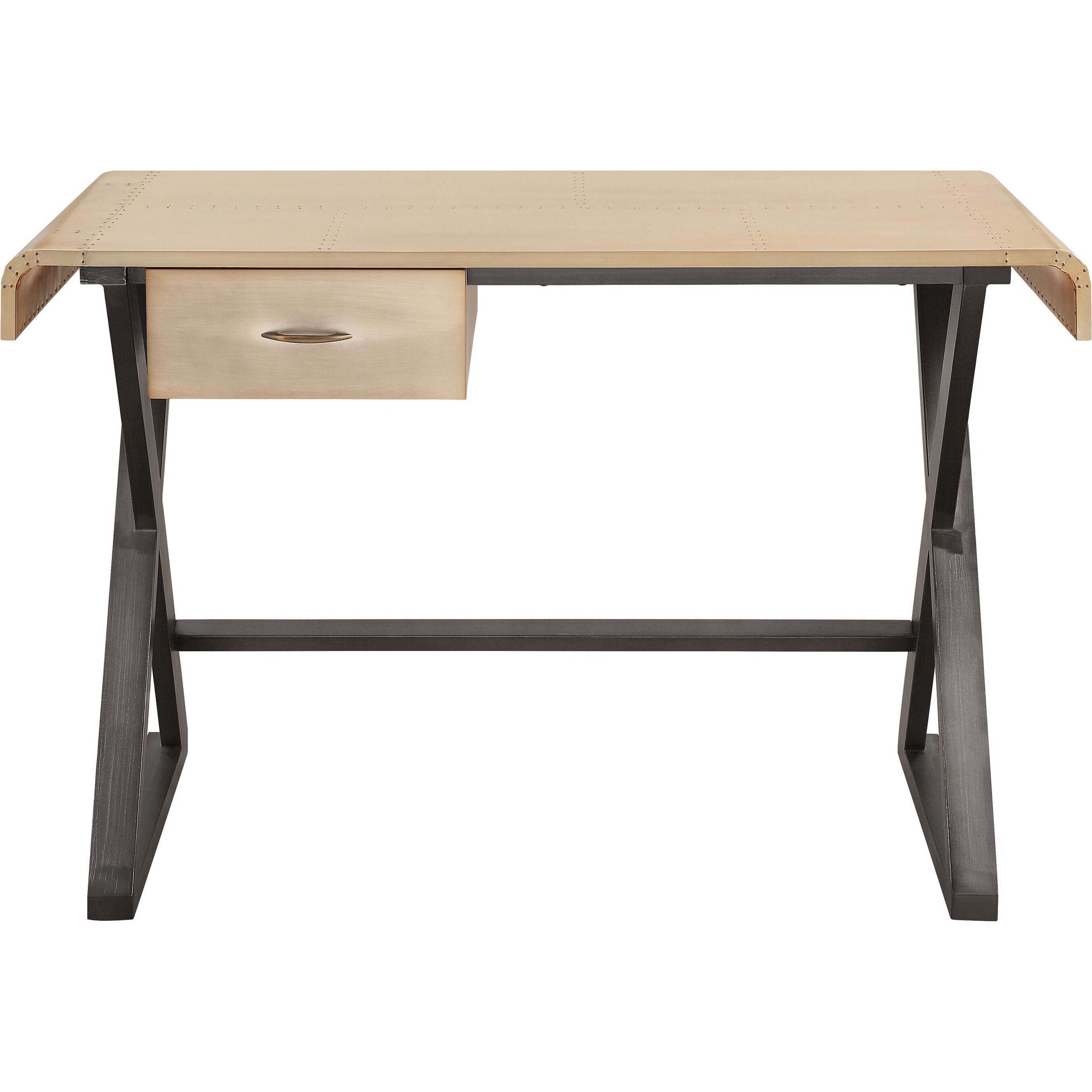 Gold Aluminum And Grey Writing Desk With X Shape Metal Base