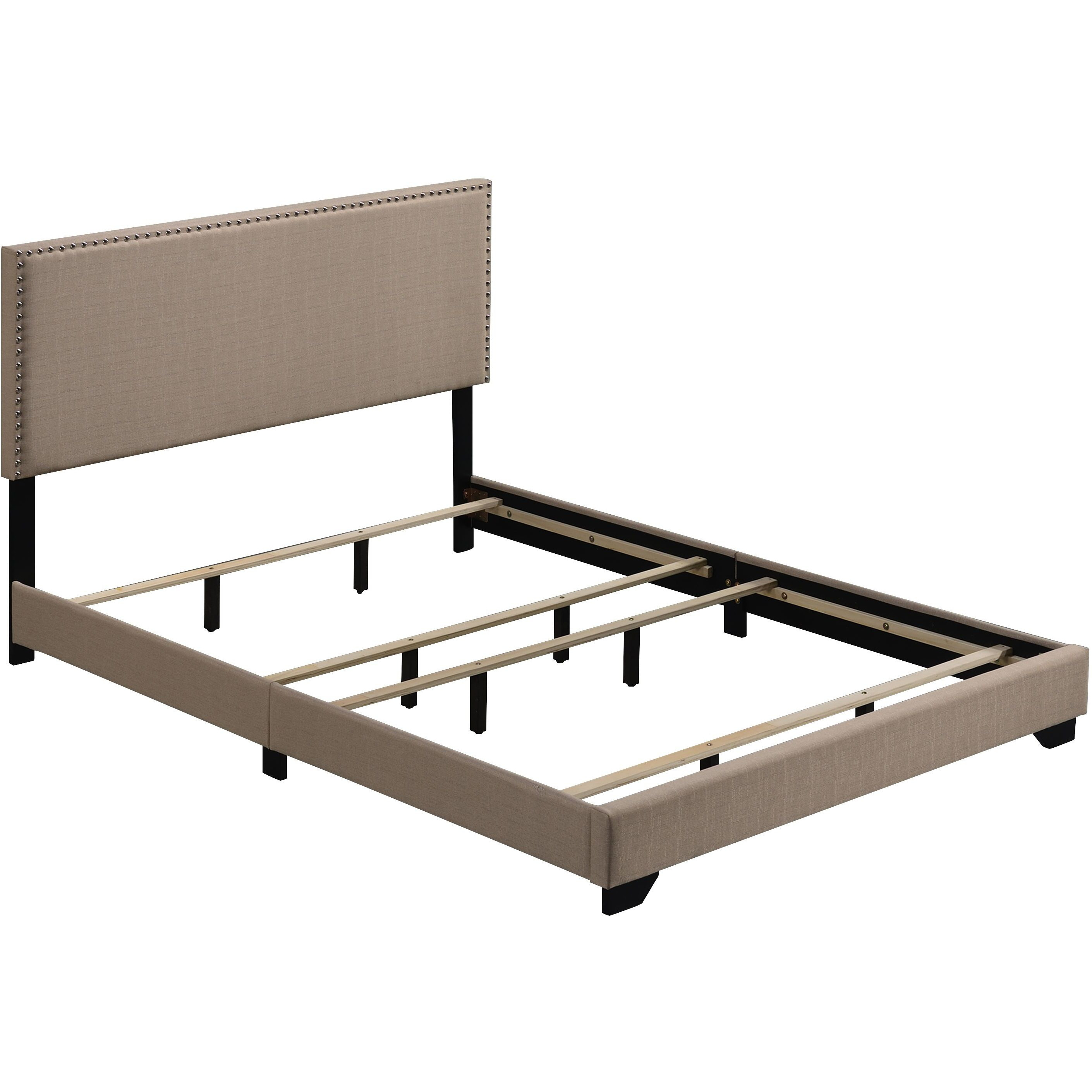 Beige Queen Panel Bed With Nailhead Trim