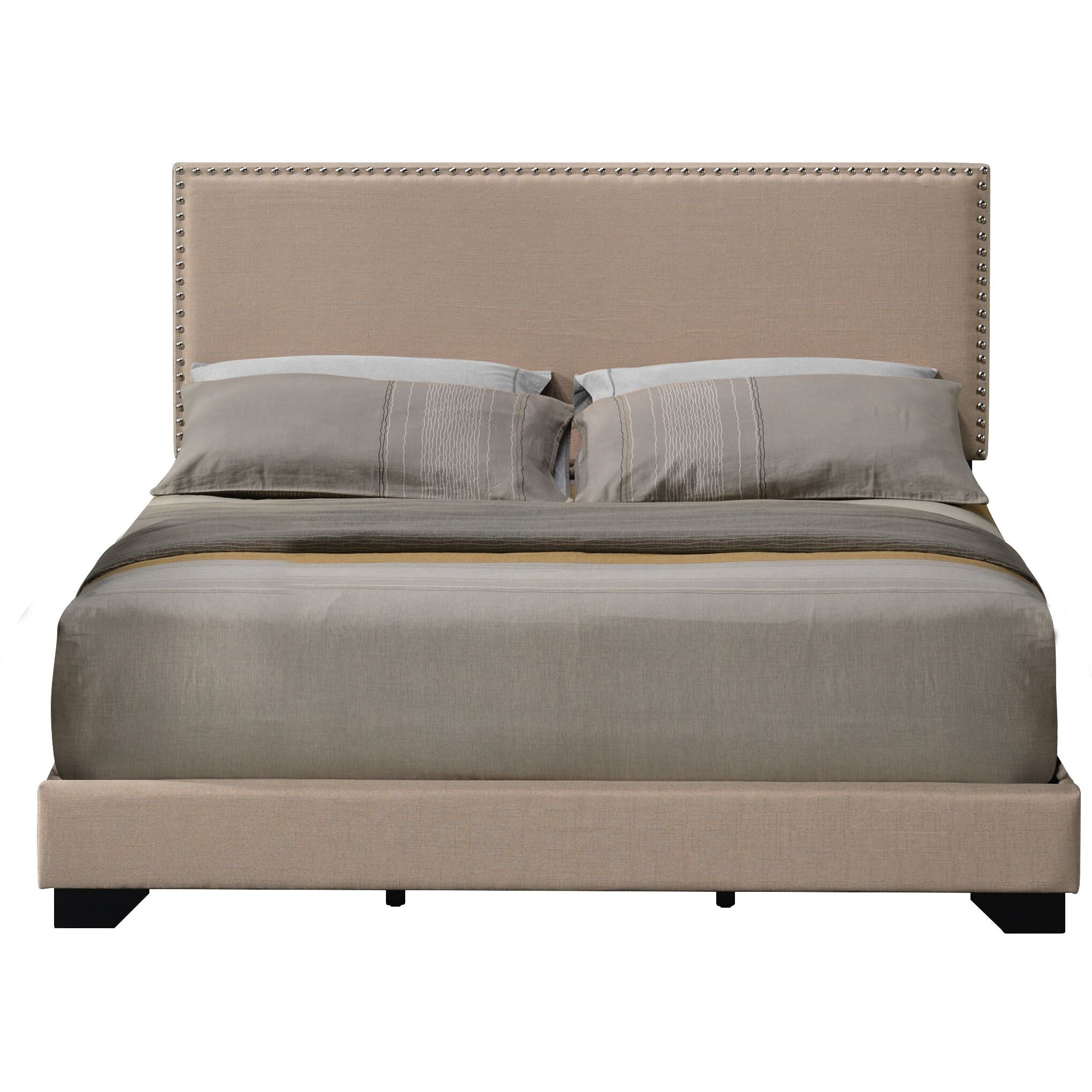 Beige Queen Panel Bed With Nailhead Trim