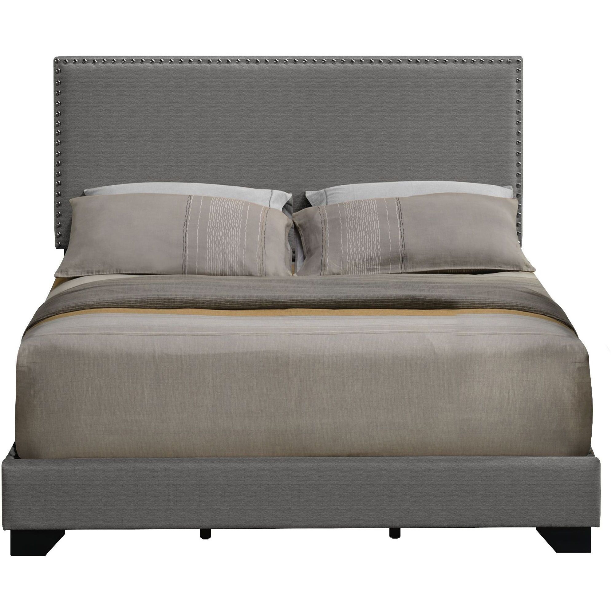 Light Grey Queen Panel Bed With Nailhead Trim