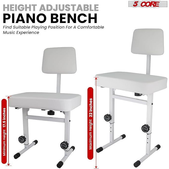 5 Core Piano Bench Height Adjustable Keyboard Stool Stool Heavy Duty Thick Padded Cushioned Seat With Backrest - Pnb B-Rest Wh