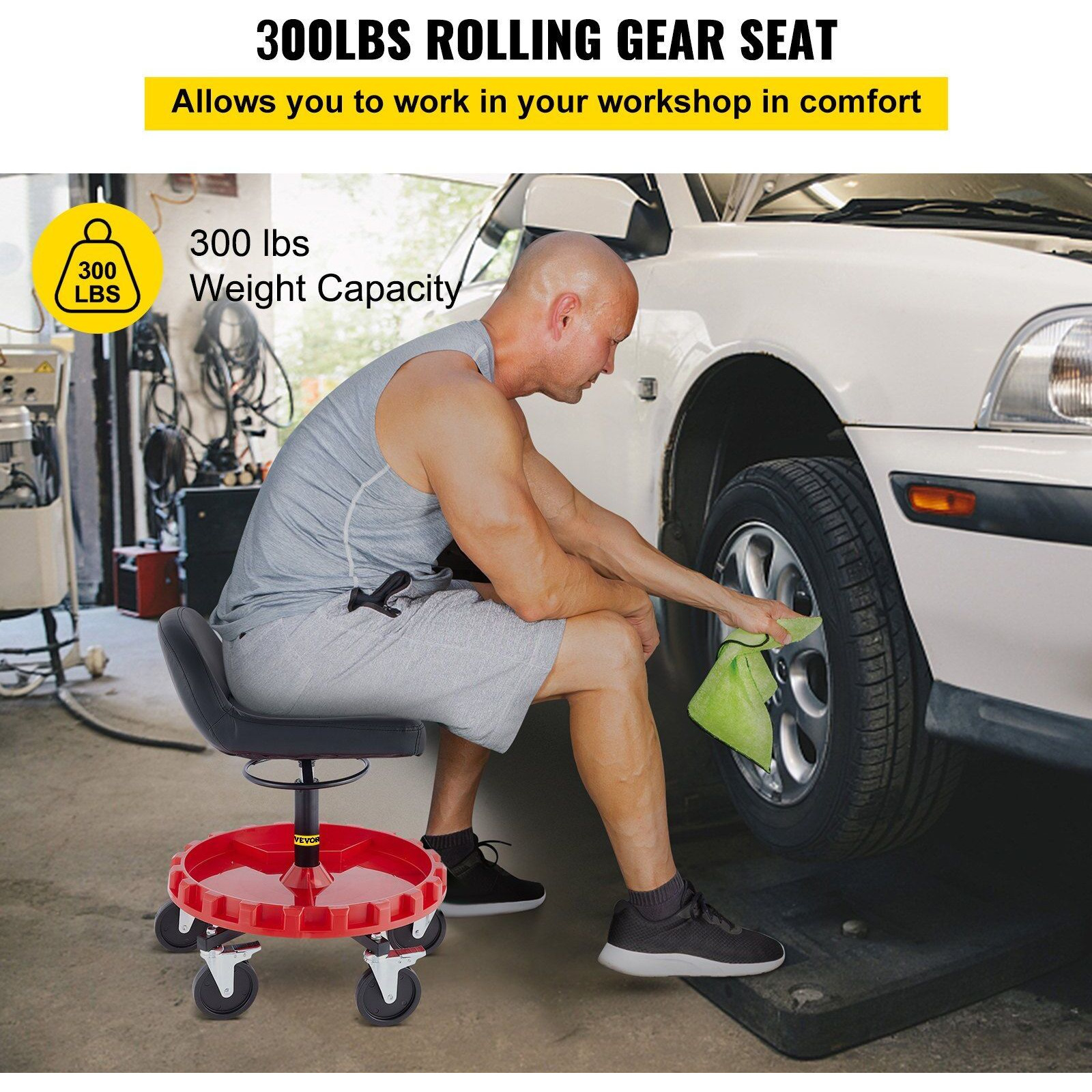 Vevor Shop Stool  300 Lbs Rolling Garage Stool  18' To 23' Adjustable Height Mobile Rolling Gear Seat  Round Tray Garage Pneumatic Stool  All-Terrain 5"" Casters With Two Brakes Mechanic Seat