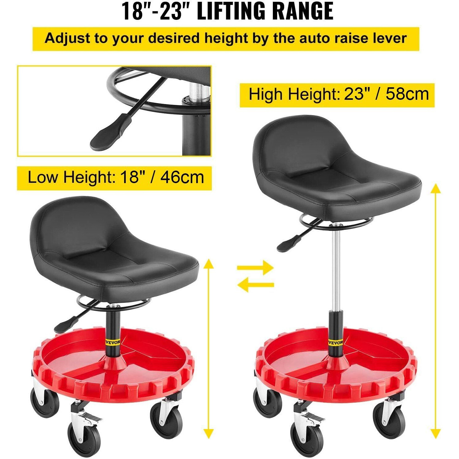Vevor Shop Stool  300 Lbs Rolling Garage Stool  18' To 23' Adjustable Height Mobile Rolling Gear Seat  Round Tray Garage Pneumatic Stool  All-Terrain 5"" Casters With Two Brakes Mechanic Seat