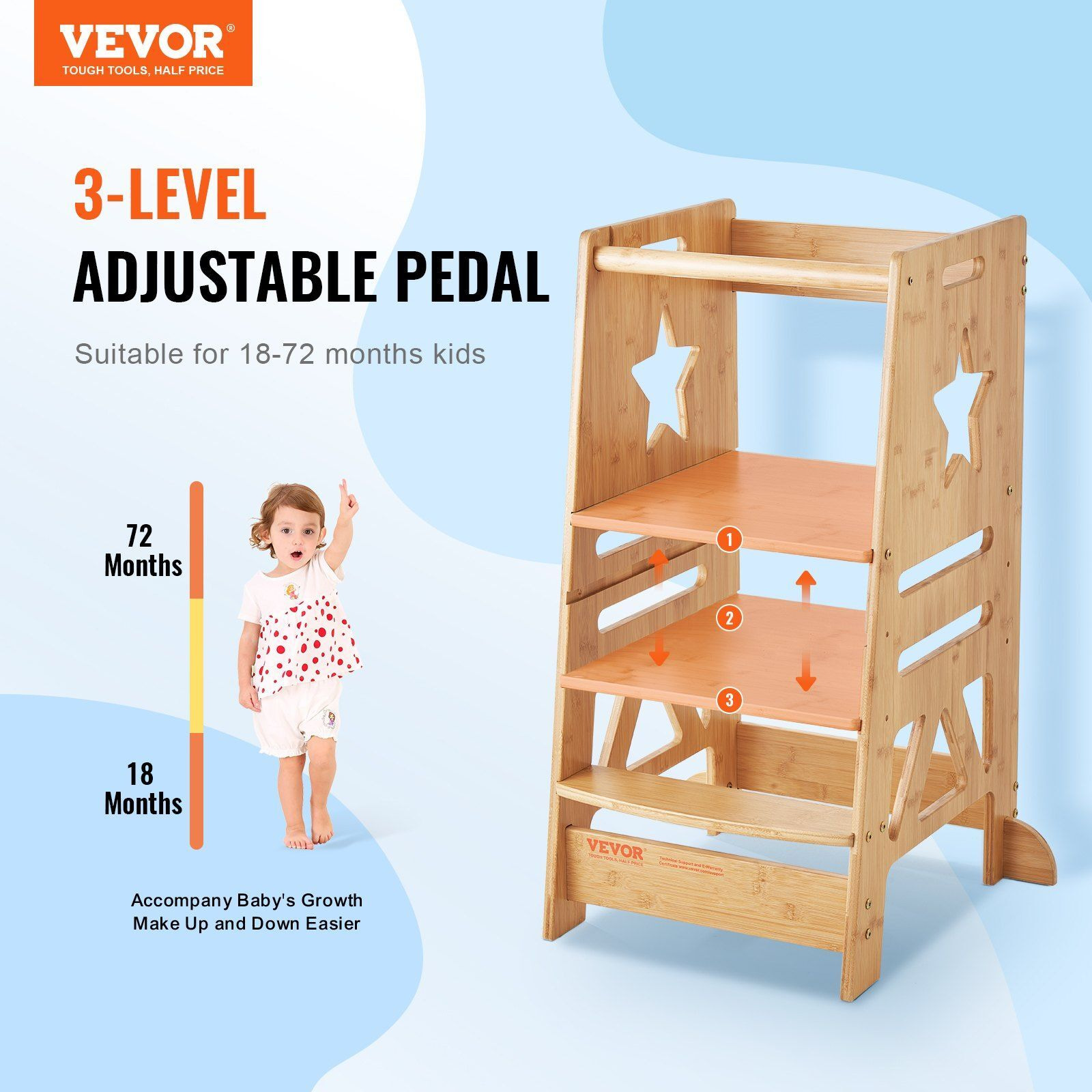 Vevor Tower Step Stool  3-Level Height Adjustable Toddler Step Stools For Kids  Kitchen Stool Helper  Bamboo Kids Standing Tower Learning Stool With Safety Rail For Kitchen Counter Bathroom  350Lbs