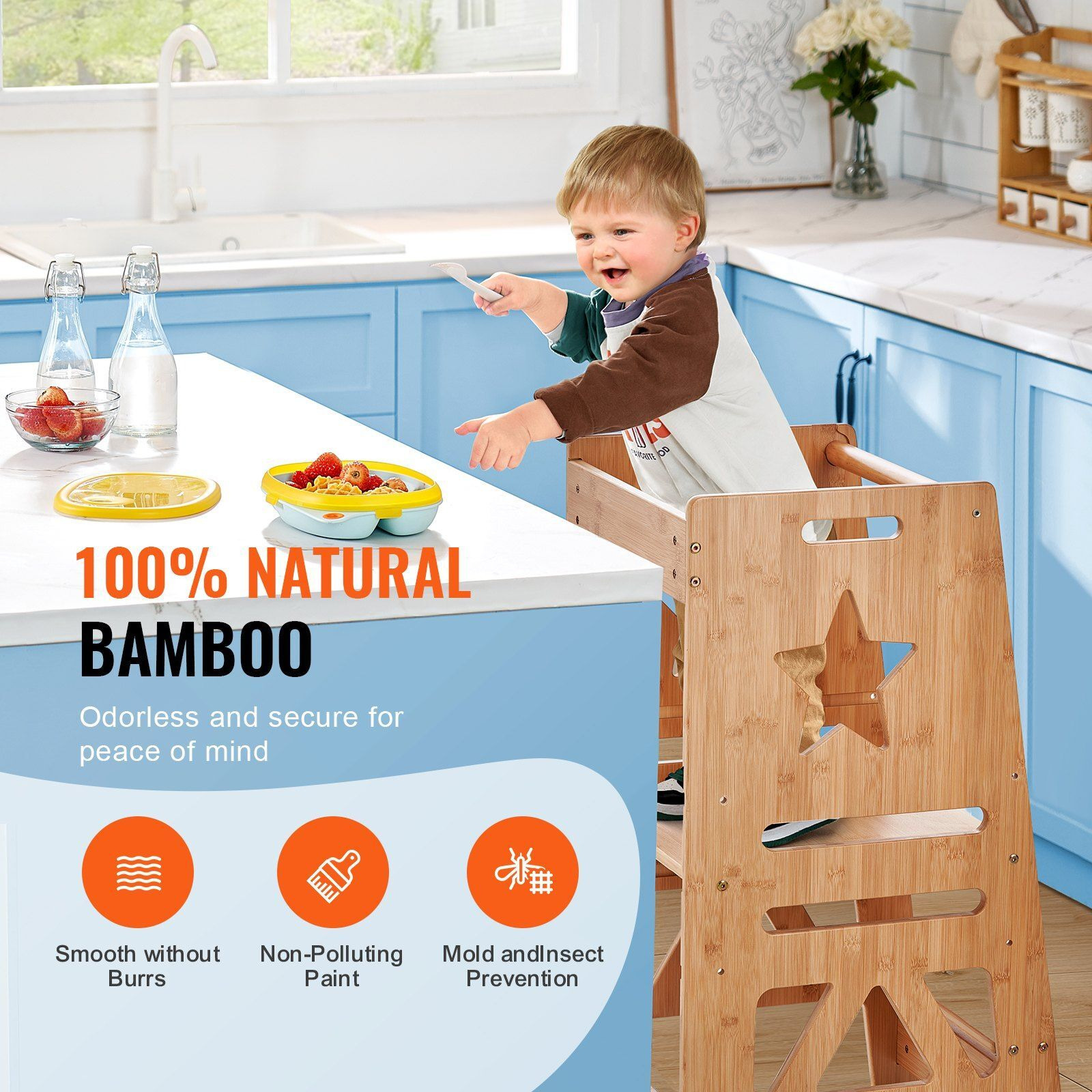 Vevor Tower Step Stool  3-Level Height Adjustable Toddler Step Stools For Kids  Kitchen Stool Helper  Bamboo Kids Standing Tower Learning Stool With Safety Rail For Kitchen Counter Bathroom  350Lbs