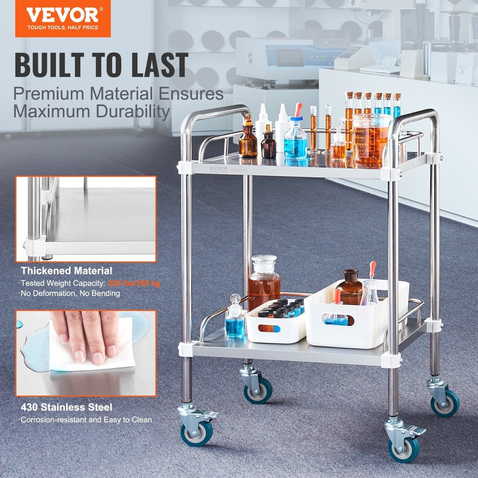 Vevor Lab Rolling Cart  2-Shelf Stainless Steel Rolling Cart  Lab Serving Cart With Swivel Casters  Dental Utility Cart For Clinic  Lab  Hospital  Salon  15.16"&quotX21.57"&quotX34.06""