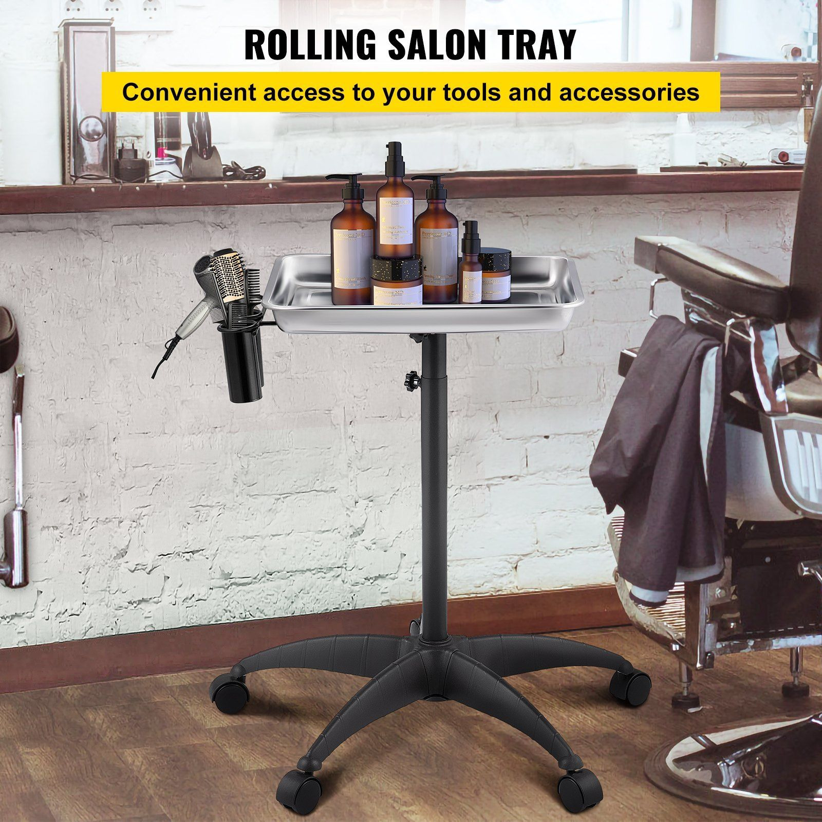 Vevor Mayo Stand Medical Tray  Height Adjustable Stainless Steel Salon Tray Easy Assemble Tattoo Cart Lab Tray With 2 Cups & 1 Metal Ring For Spa Clinic Personal Care Lab Hospital Dentistry  Silver