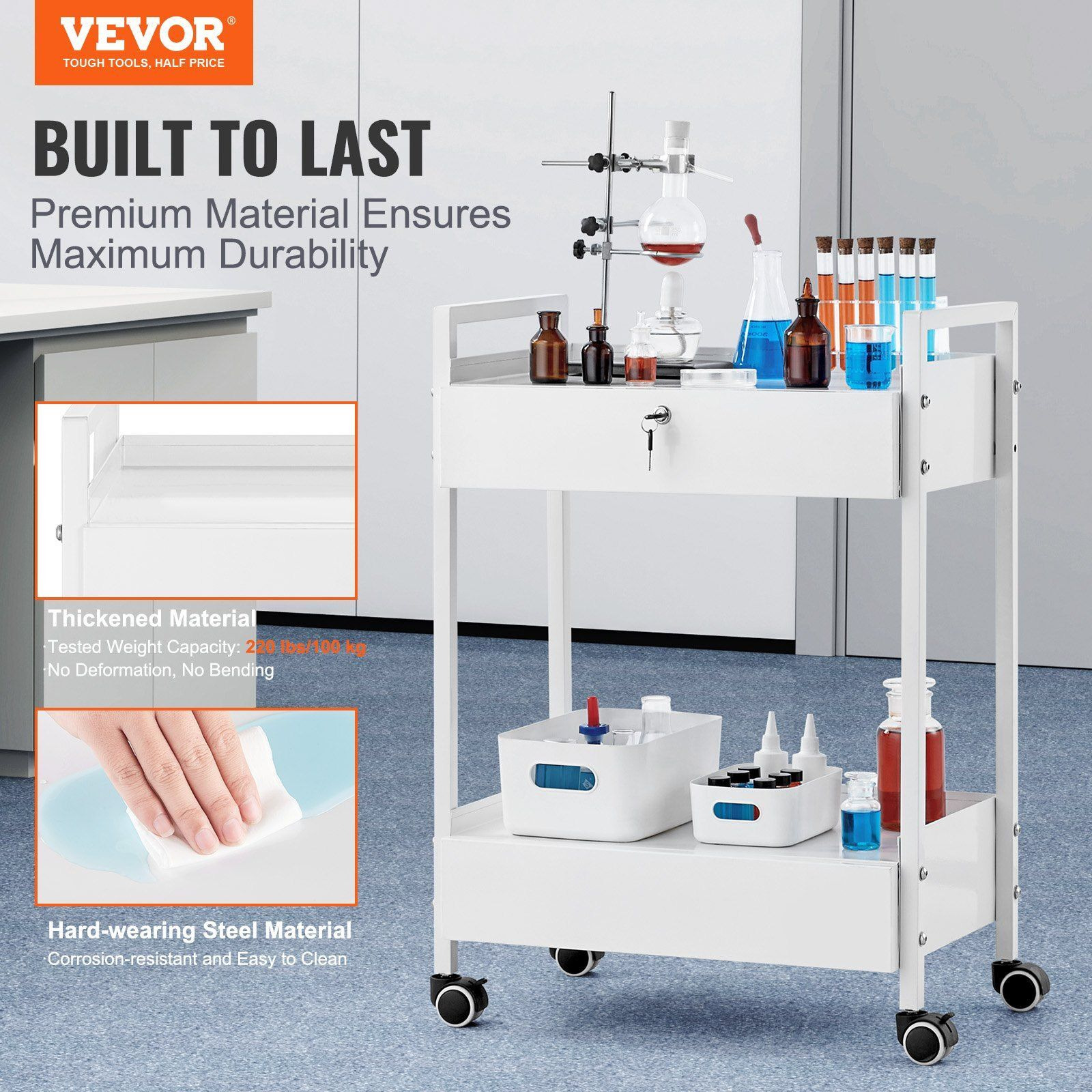 Vevor Lab Cart  2 Tiers Stainless Steel Utility Cart  Medical Cart With 2 Drawers  Rolling Lab Cart White Paint  Serving Cart With Swivel Casters For Laboratory  Hospital  Dental  Salon And Beauty