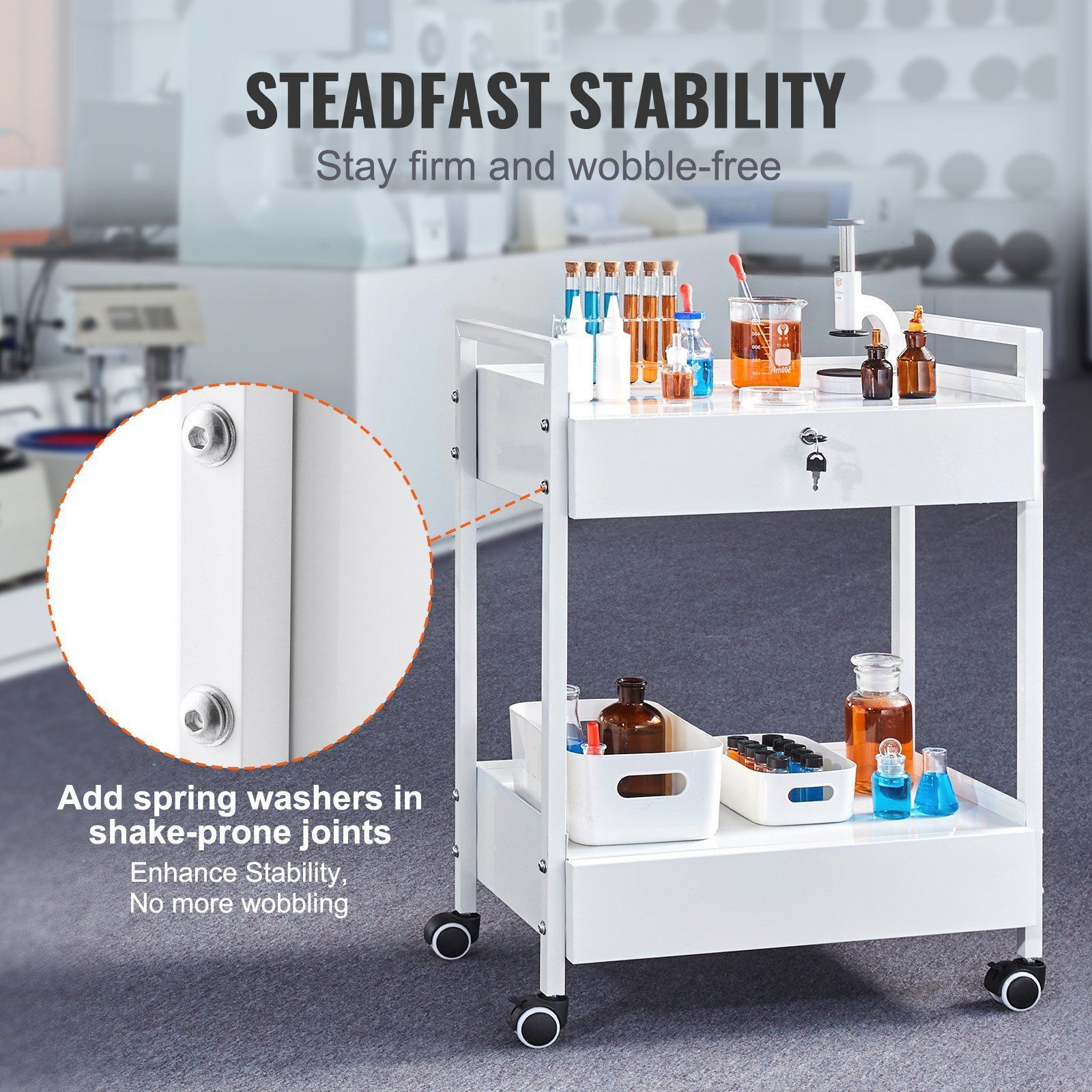 Vevor Lab Cart  2 Tiers Stainless Steel Utility Cart  Medical Cart With 2 Drawers  Rolling Lab Cart White Paint  Serving Cart With Swivel Casters For Laboratory  Hospital  Dental  Salon And Beauty