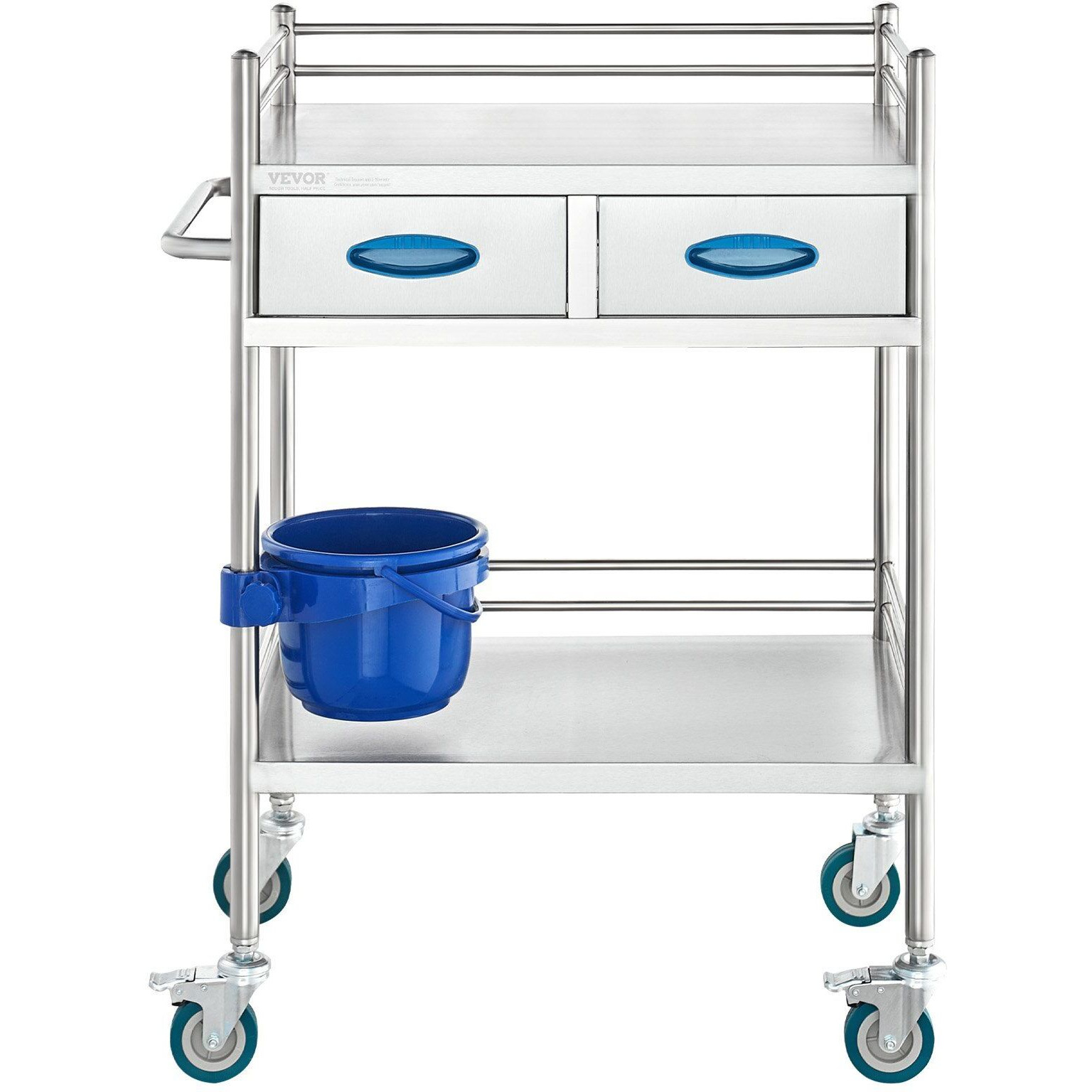 Vevor Lab Serving Cart  2 Layers Stainless Steel Utility Rolling Cart  Medical Cart With Two Drawers  Dental Utility Cart With Lockable Wheels And A Bucket  For Laboratory  Hospital  Dental Use