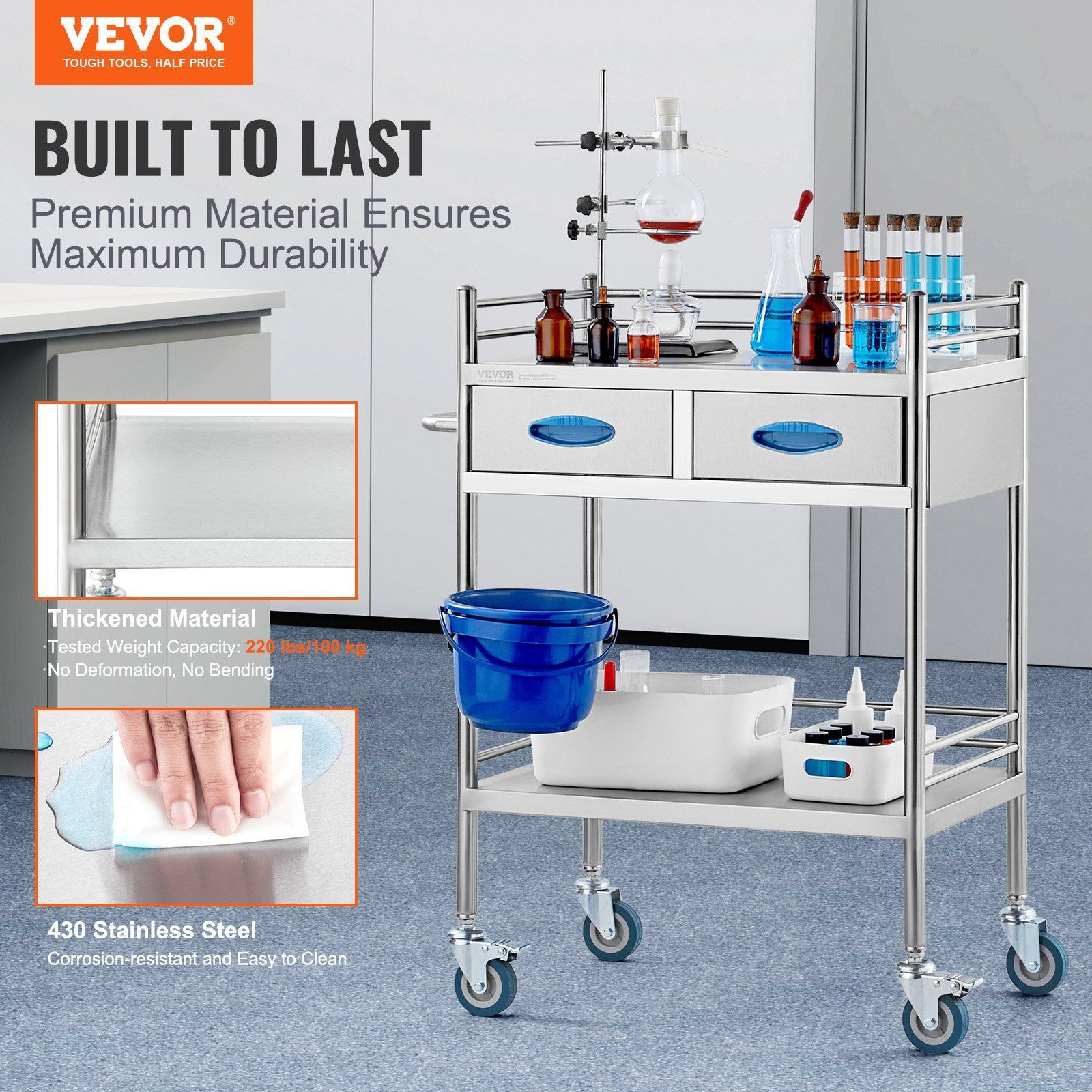 Vevor Lab Serving Cart  2 Layers Stainless Steel Utility Rolling Cart  Medical Cart With Two Drawers  Dental Utility Cart With Lockable Wheels And A Bucket  For Laboratory  Hospital  Dental Use