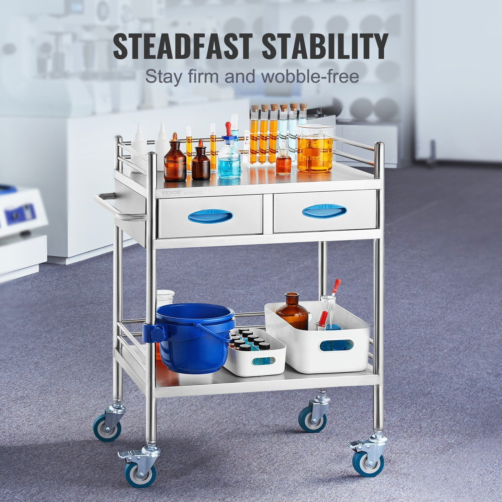 Vevor Lab Serving Cart  2 Layers Stainless Steel Utility Rolling Cart  Medical Cart With Two Drawers  Dental Utility Cart With Lockable Wheels And A Bucket  For Laboratory  Hospital  Dental Use
