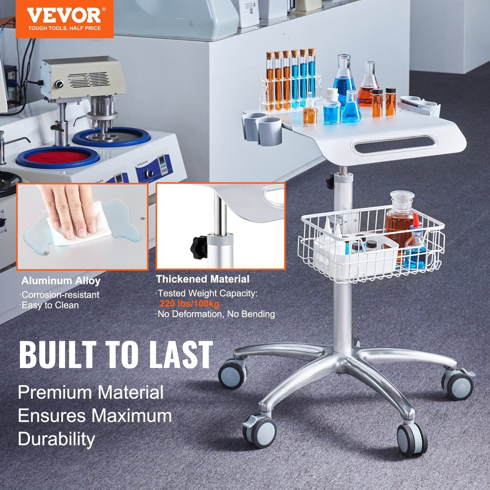 Vevor Medical Cart  Salon Cart With Wheels  Mobile Trolley Cart 26.77""-42.91"" Height Adjustable  Metal Salon Stations For Hair Stylist  Rolling Desktop Lab Cart For Clinic  Beauty And Salon