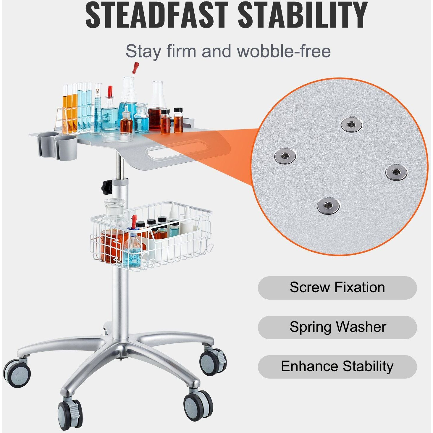 Vevor Medical Cart  Salon Cart With Wheels  Mobile Trolley Cart 26.77""-42.91"" Height Adjustable  Metal Salon Stations For Hair Stylist  Rolling Desktop Lab Cart For Clinic  Beauty And Salon