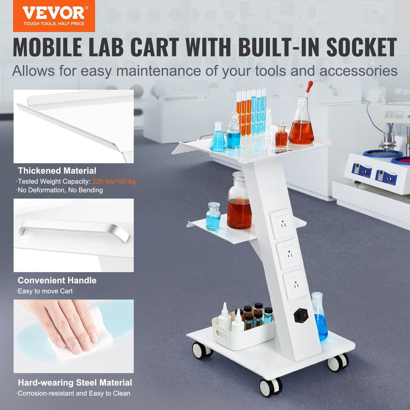 Vevor Lab Trolley  Rolling Lab Cart With Built-In Socket  3-Layer Metal Mobile Trolley  Tray Rolling Clinic Cart With Swivel Wheels  220 Lbs Weight Capacity  For Lab  Clinic  Beauty And Salon