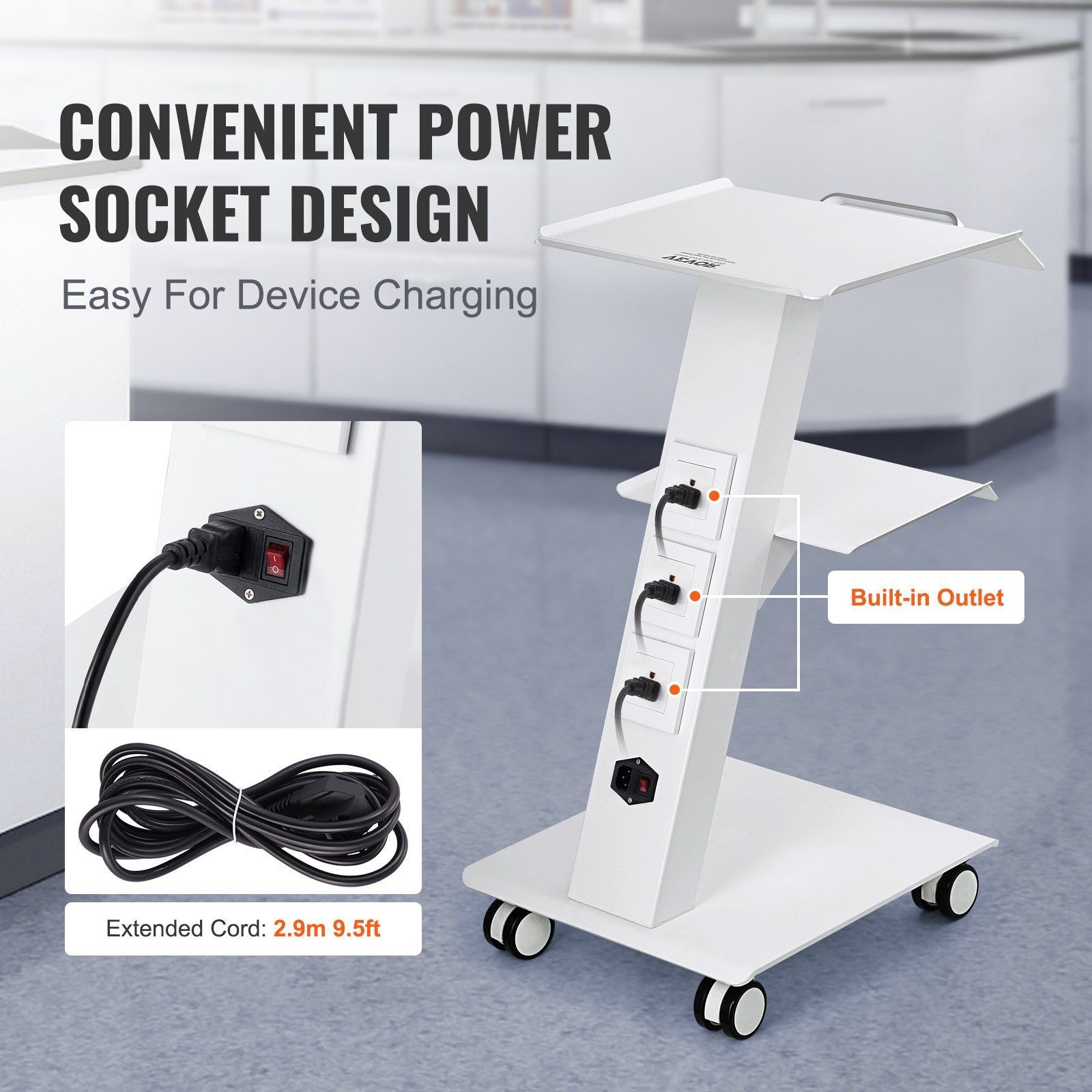 Vevor Lab Trolley  Rolling Lab Cart With Built-In Socket  3-Layer Metal Mobile Trolley  Tray Rolling Clinic Cart With Swivel Wheels  220 Lbs Weight Capacity  For Lab  Clinic  Beauty And Salon