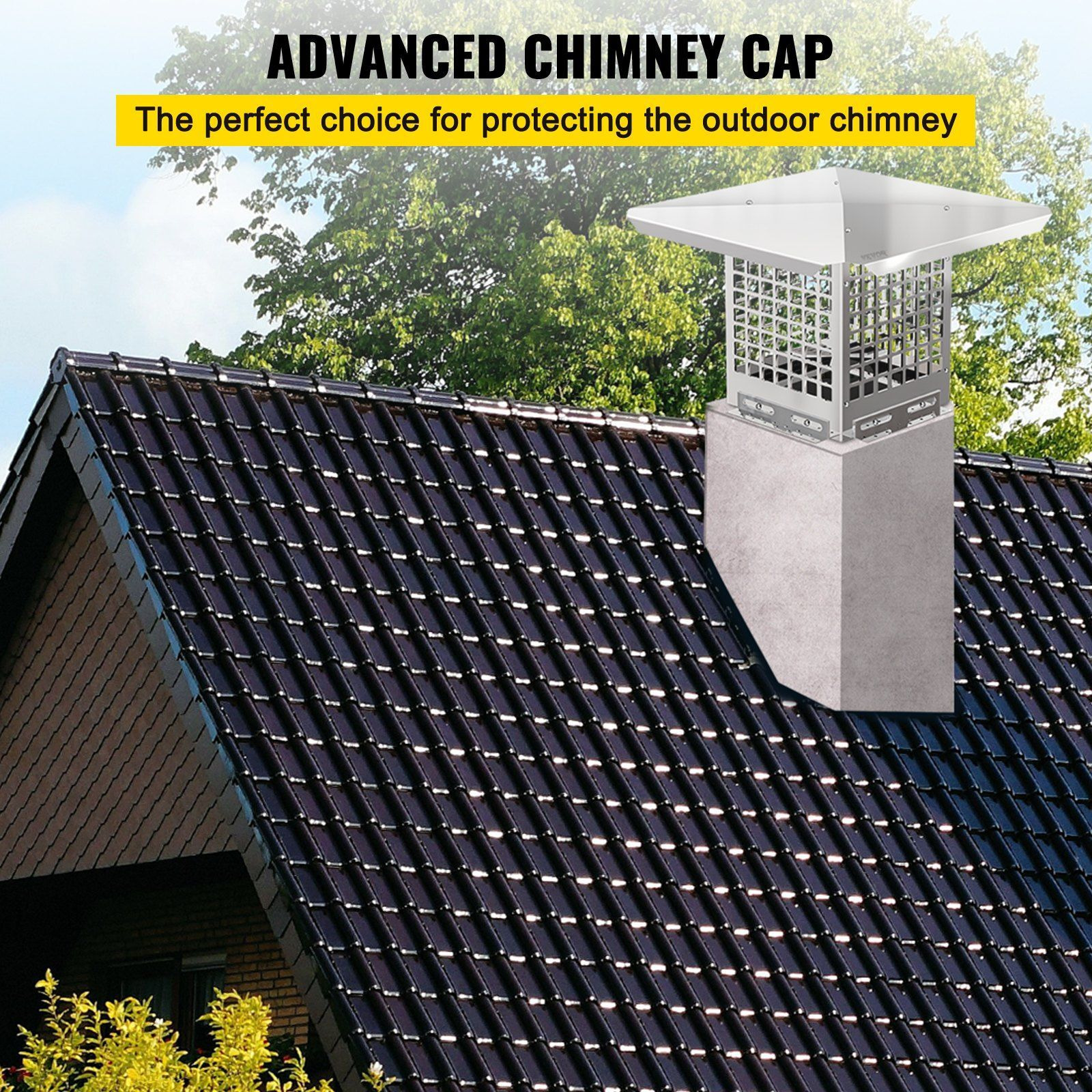 Vevor Chimney Cap  8"" X 8"" Flue Caps  304 Stainless Steel Fireplace Chimney Cover  Adjustable Metal Spark Arrestor With Bolts Screws  Mesh Chimney Flue Cover For Outside Existing Clay Flue Tile