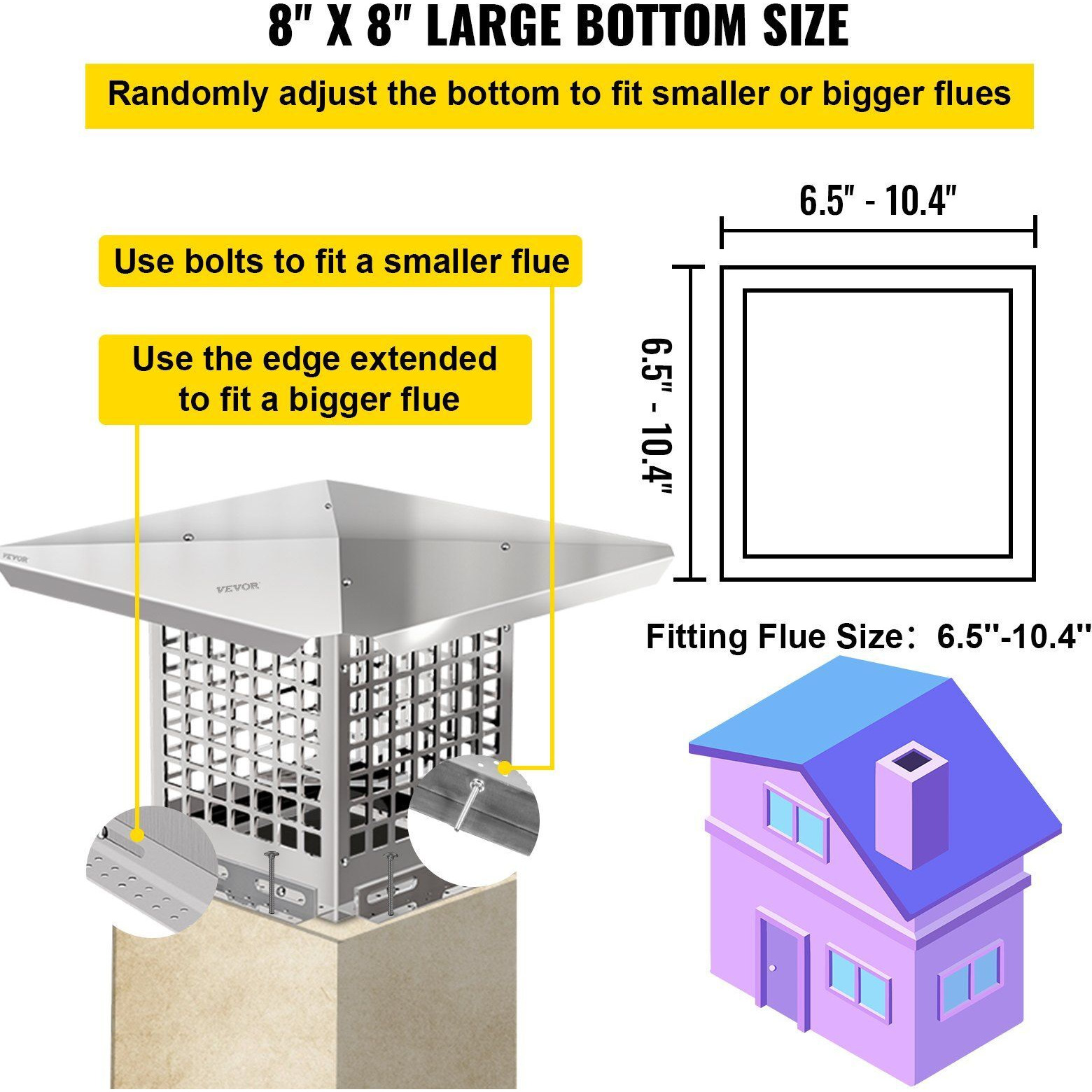 Vevor Chimney Cap  8"" X 8"" Flue Caps  304 Stainless Steel Fireplace Chimney Cover  Adjustable Metal Spark Arrestor With Bolts Screws  Mesh Chimney Flue Cover For Outside Existing Clay Flue Tile