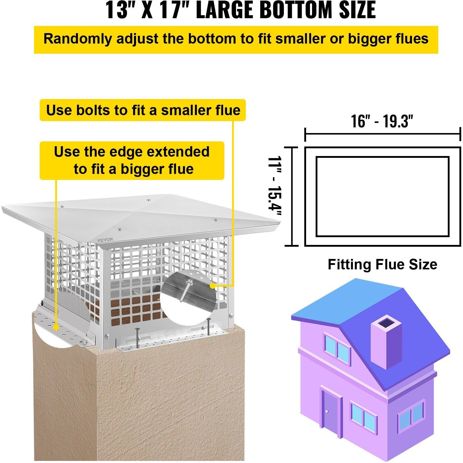Vevor Chimney Cap  13"" X 17"" Flue Caps  304 Stainless Steel Fireplace Chimney Cover  Adjustable Metal Spark Arrestor With Bolts Screws  Mesh Chimney Flue Cover For Outside Existing Clay Flue Tile