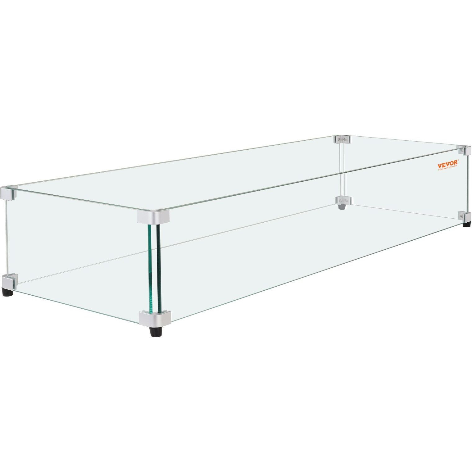 Vevor Glass Wind Guard For Rectangular Fire Pit Table 44 X 14 X 7.5 Inch  0.31 Inch Thick And Sturdy Tempered Glass Panel With Hard Aluminum Corner Bracket & Rubber Feet  Easy To Assemble