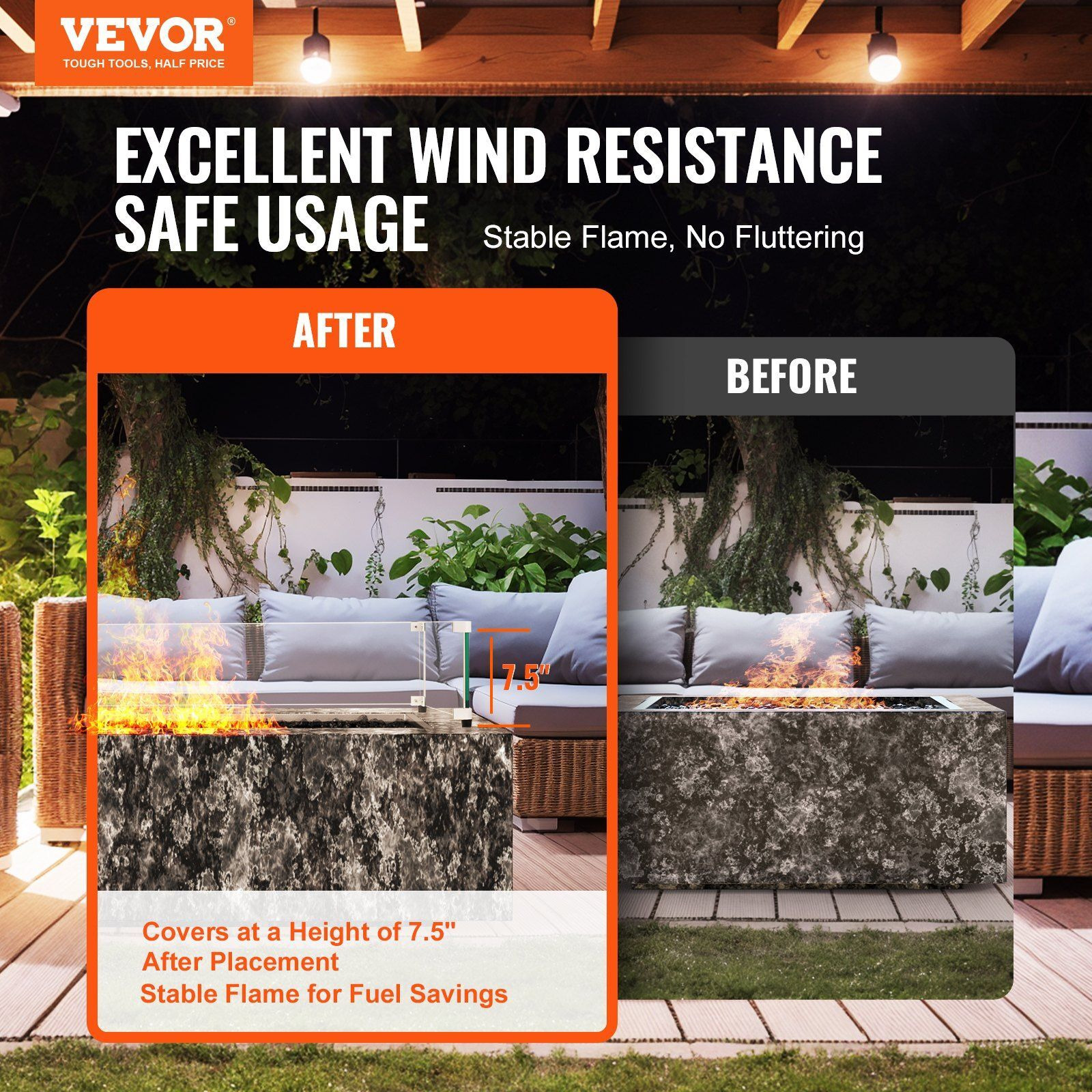 Vevor Glass Wind Guard For Rectangular Fire Pit Table 44 X 14 X 7.5 Inch  0.31 Inch Thick And Sturdy Tempered Glass Panel With Hard Aluminum Corner Bracket & Rubber Feet  Easy To Assemble