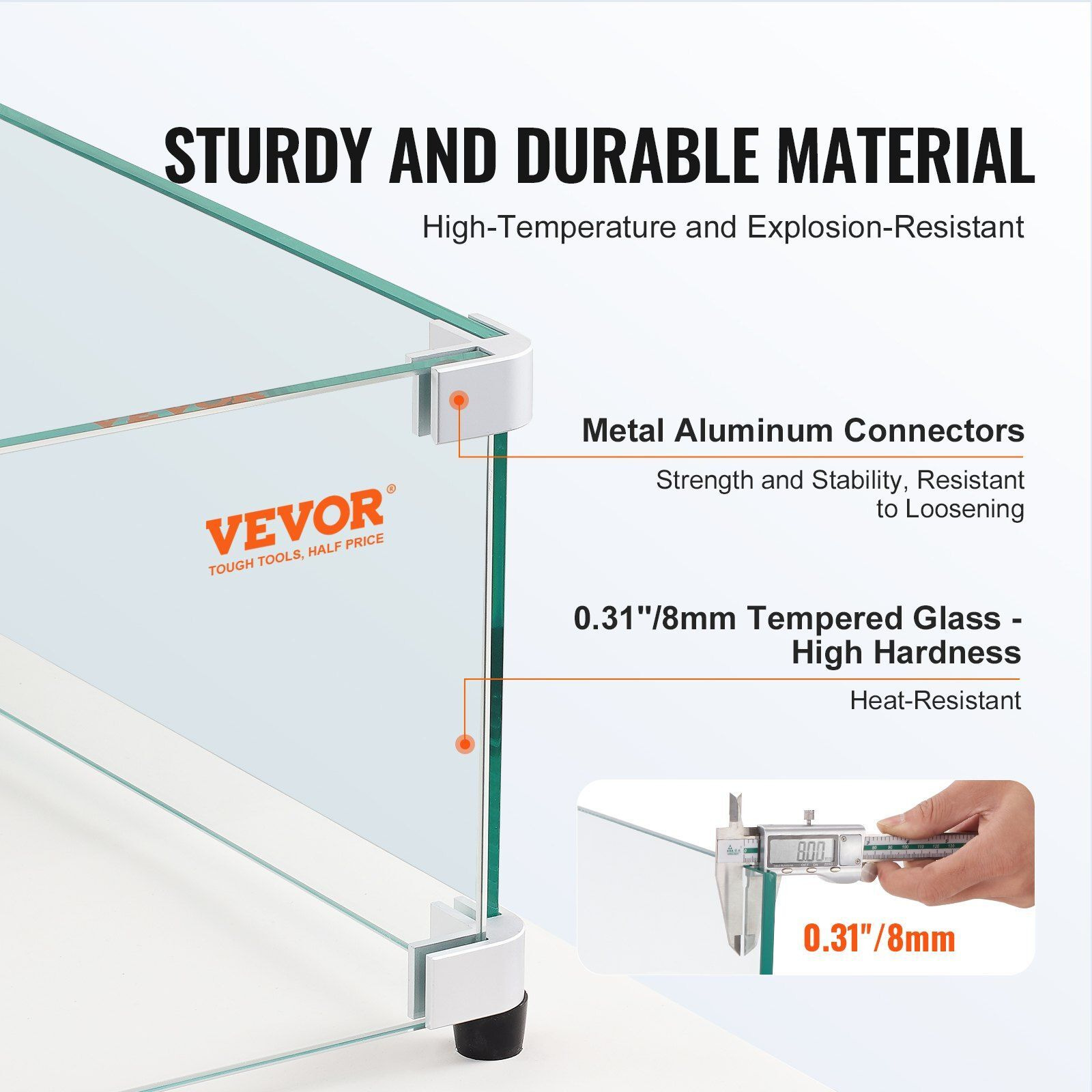 Vevor Glass Wind Guard For Rectangular Fire Pit Table 44 X 14 X 7.5 Inch  0.31 Inch Thick And Sturdy Tempered Glass Panel With Hard Aluminum Corner Bracket & Rubber Feet  Easy To Assemble