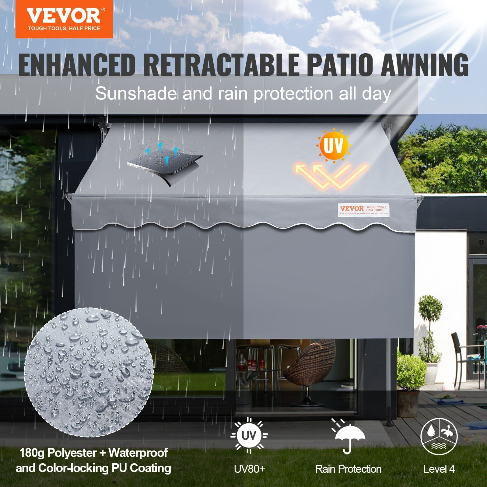 Vevor Manual Retractable Awning  78"" Outdoor Retractable Patio Awning Sunshade Shelter  Adjustable Patio Door Window Awning Canopy With 39"" Sun Shade Curtain For Backyard  Garden  Balcony