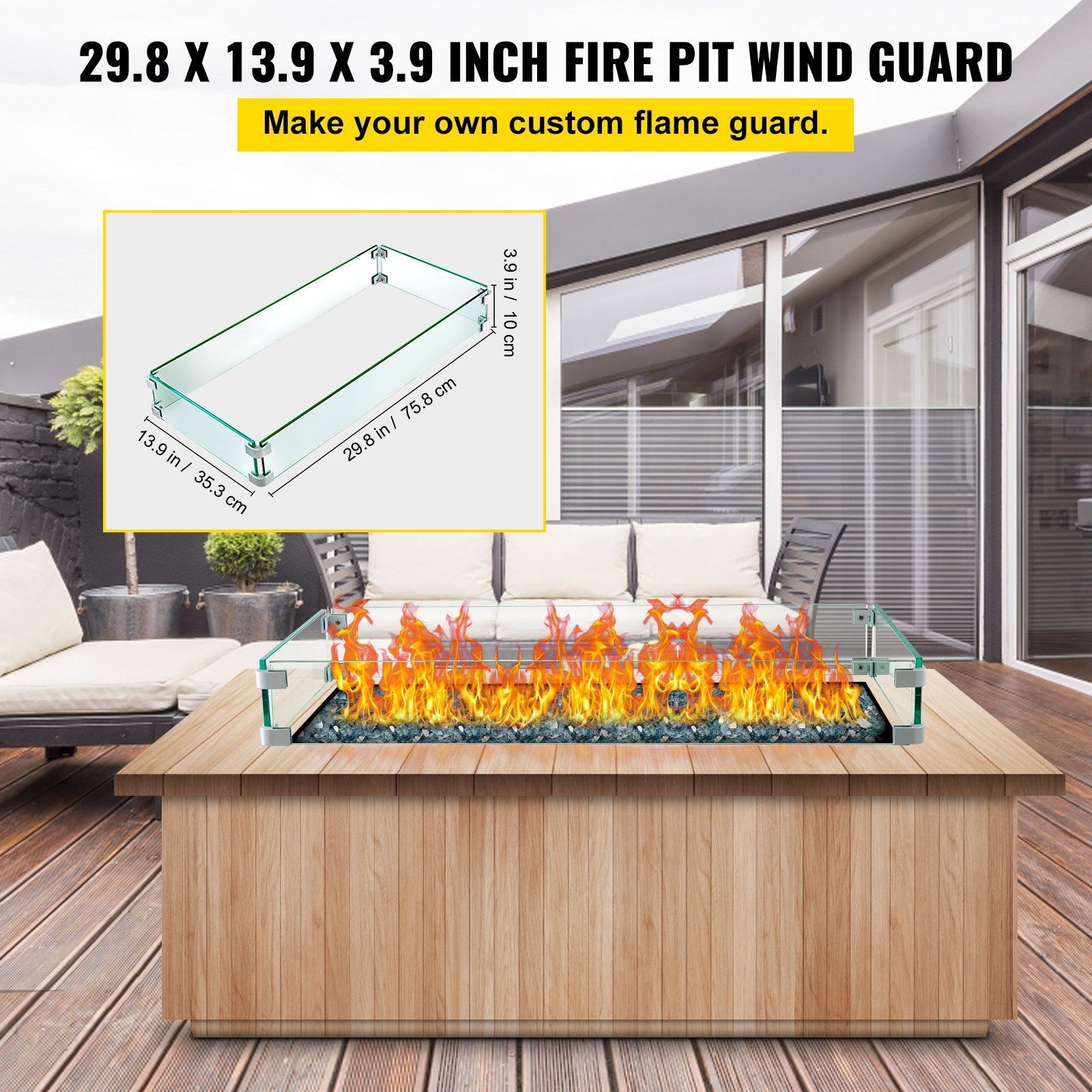 Vevor Fire Pit Wind Guard Fire Pit Tempered Glass Wind Guard Fence (29.5 X 13.6 X 4 Inch)