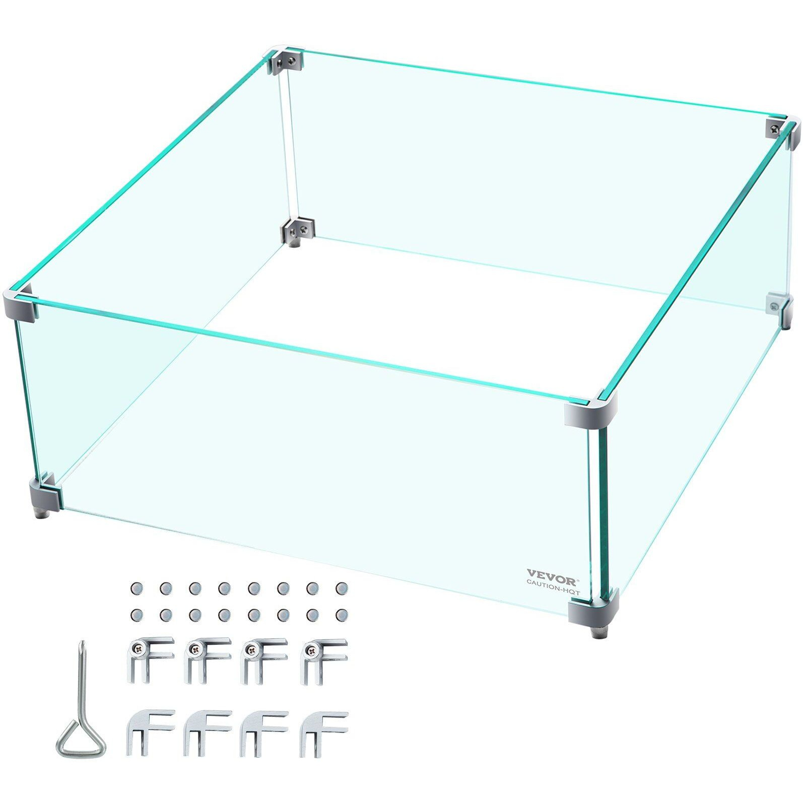 Vevor Fire Pit Wind Guard  14 X 14 X 6 Inch Glass Wind Guard  Rectangular Glass Shield  0.3"" Thick Fire Table  Clear Tempered Glass Flame Guard  Steady Feet Tree Pit Guard For Propane  Gas  Outdoor