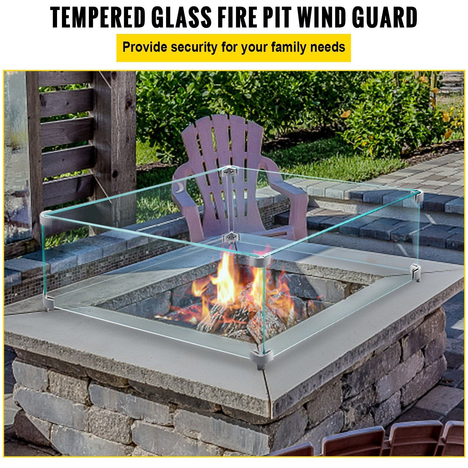 Vevor Fire Pit Wind Guard  14 X 14 X 6 Inch Glass Wind Guard  Rectangular Glass Shield  0.3"" Thick Fire Table  Clear Tempered Glass Flame Guard  Steady Feet Tree Pit Guard For Propane  Gas  Outdoor