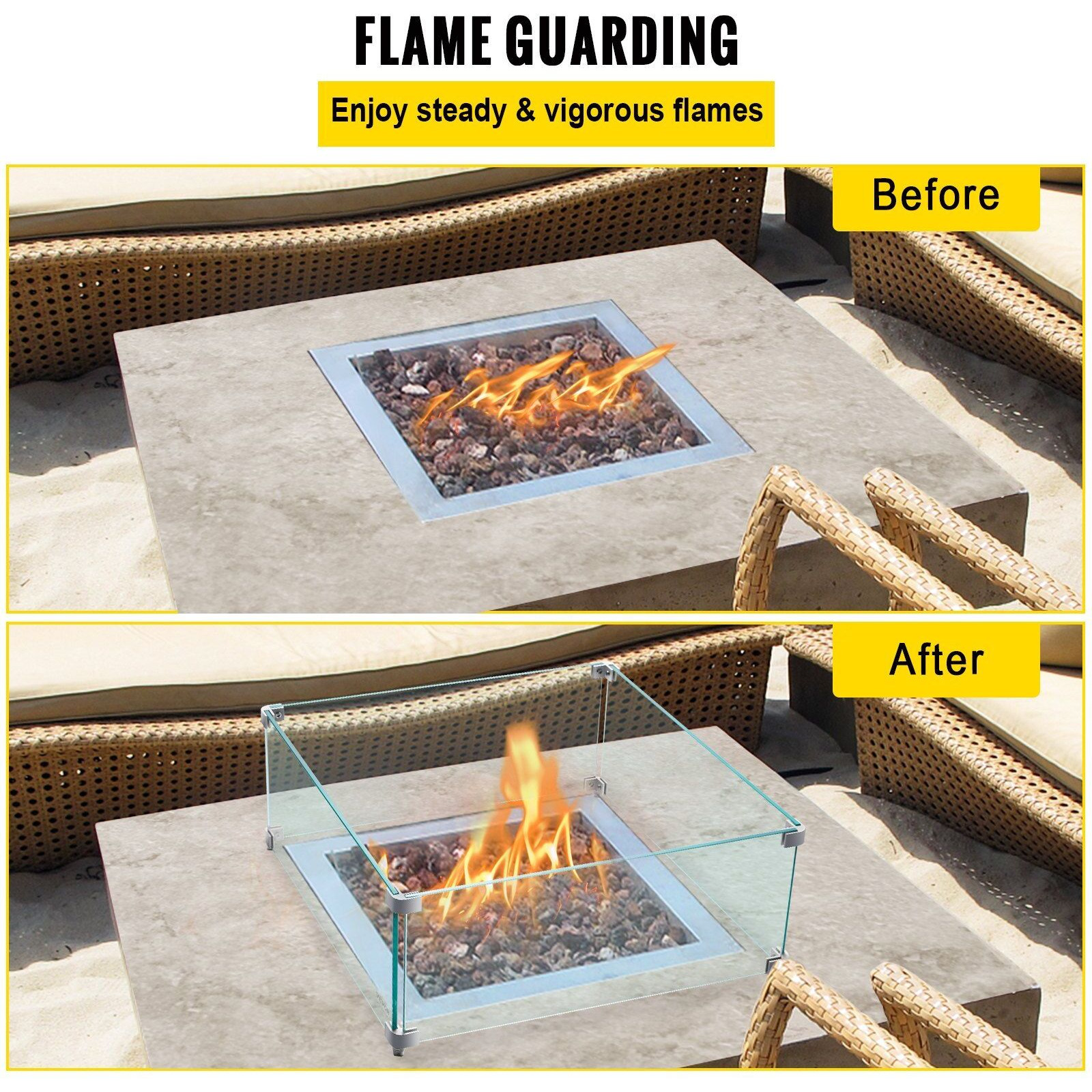 Vevor Fire Pit Wind Guard  14 X 14 X 6 Inch Glass Wind Guard  Rectangular Glass Shield  0.3"" Thick Fire Table  Clear Tempered Glass Flame Guard  Steady Feet Tree Pit Guard For Propane  Gas  Outdoor