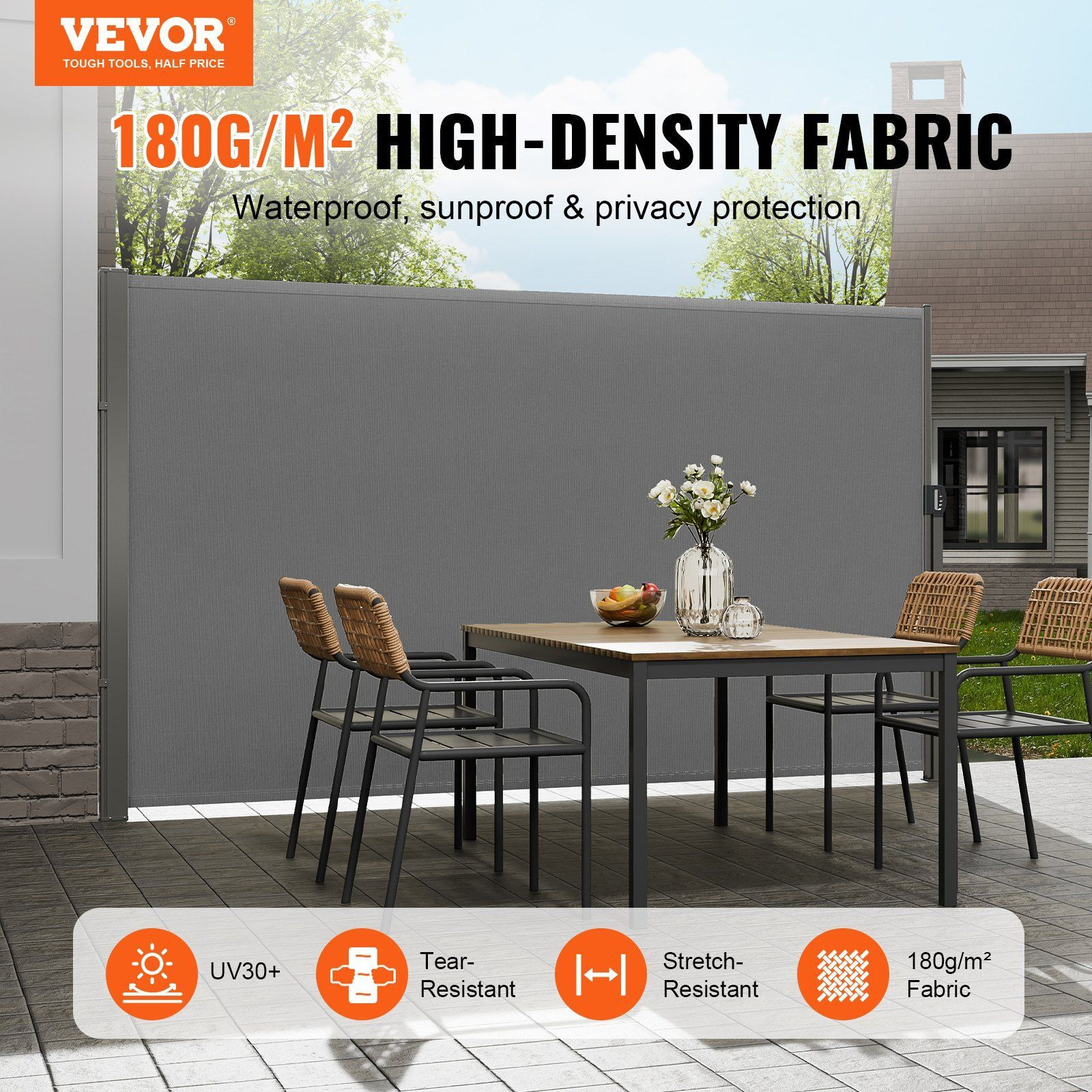 Vevor Retractable Side Awning  71''X 118'' Outdoor Privacy Screen  180G Polyester Water-Proof Retractable Patio Screen  Uv 30+ Room Divider Wind Screen For Patio  Backyard  Balcony  Gray