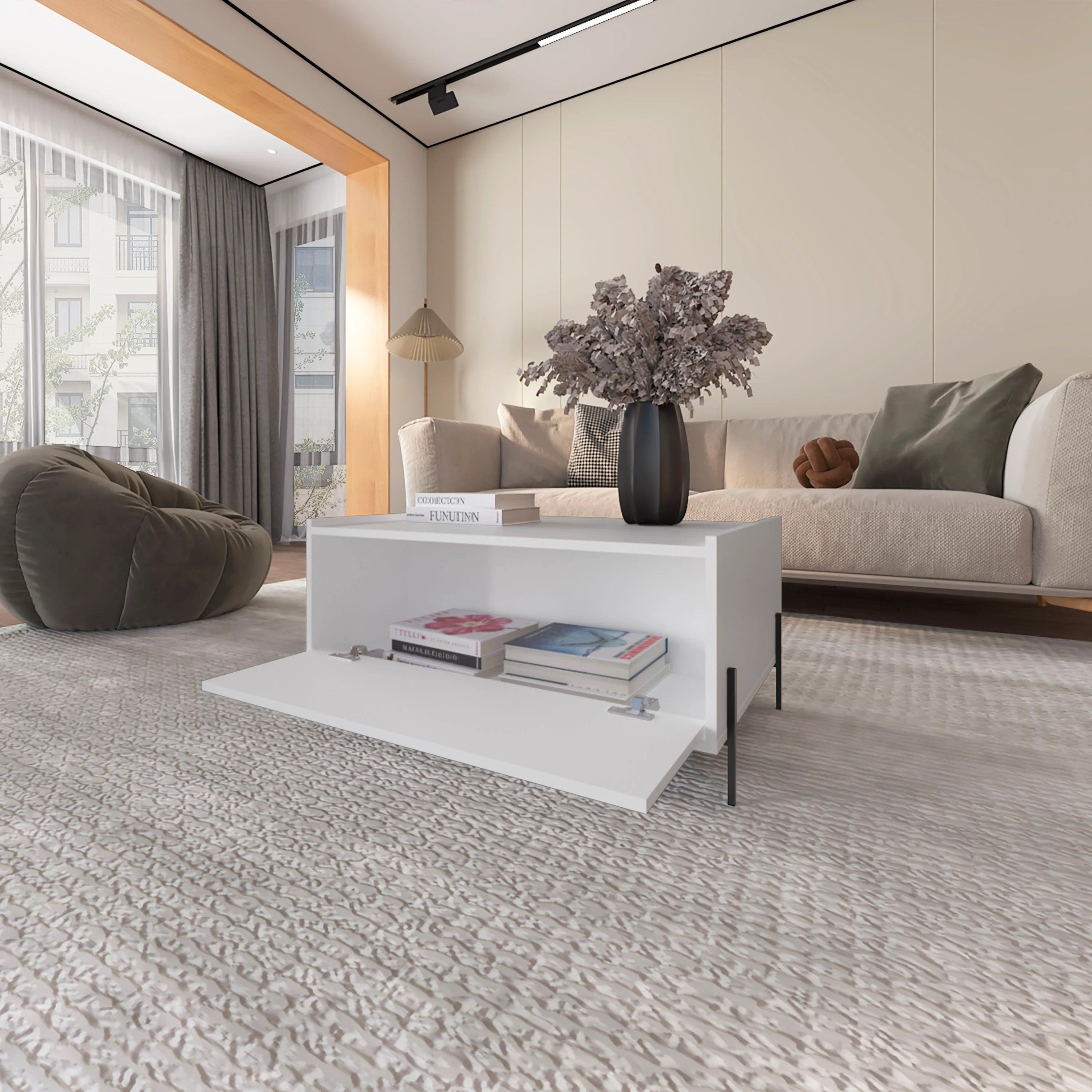 White Coffee Table With Flip-Down Door