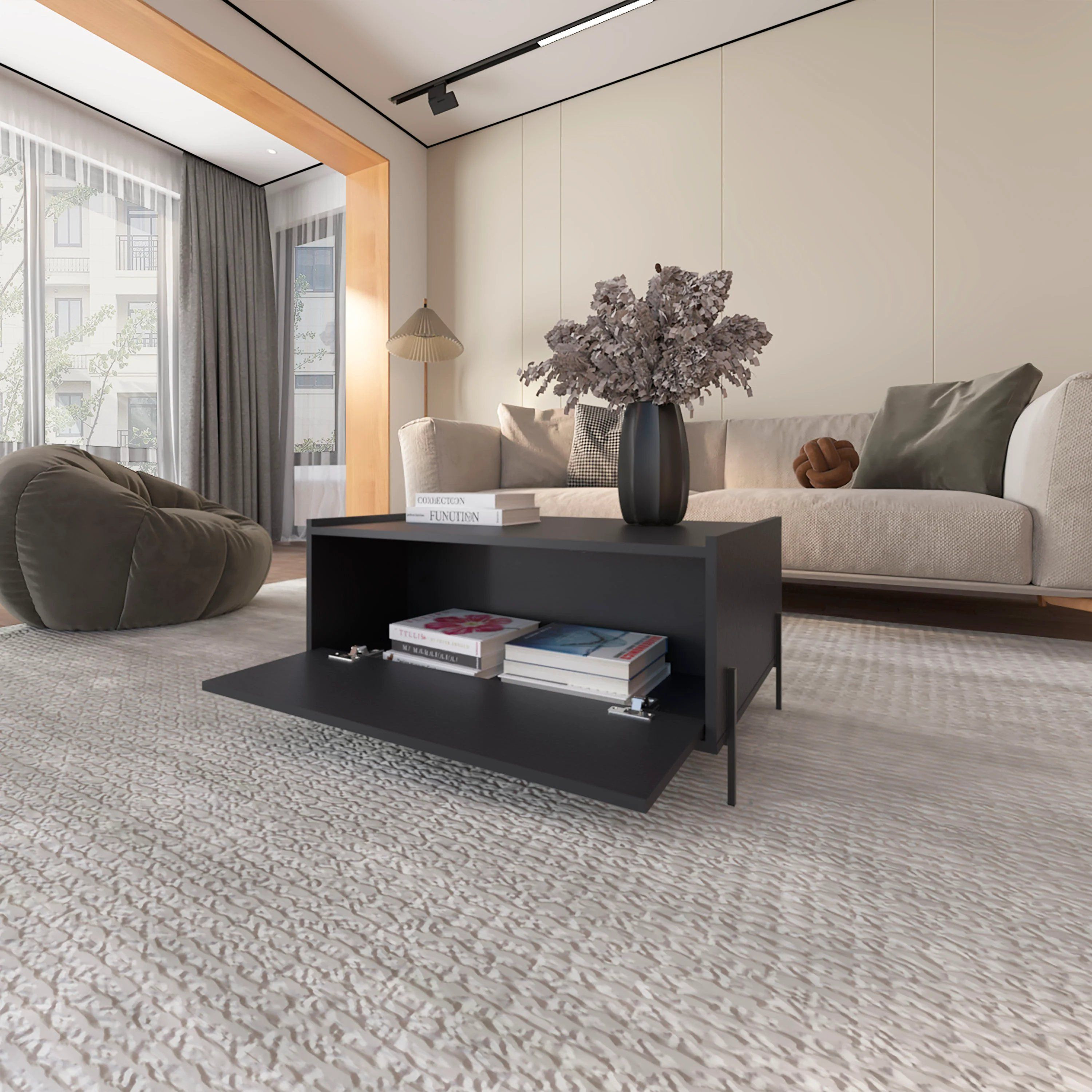 Black Coffee Table With Flip-Down Door