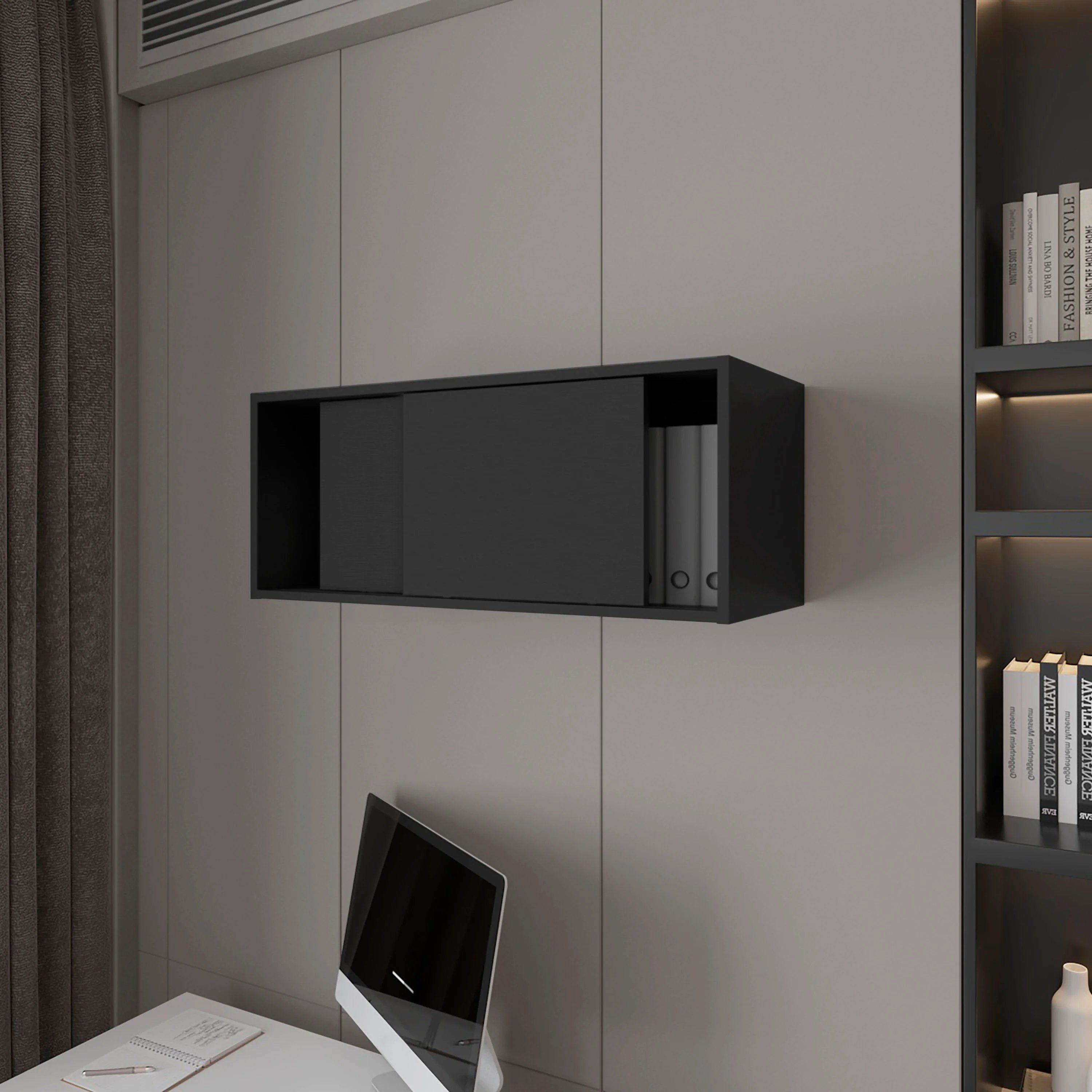 Black Floating Cabinet With Sliding Door