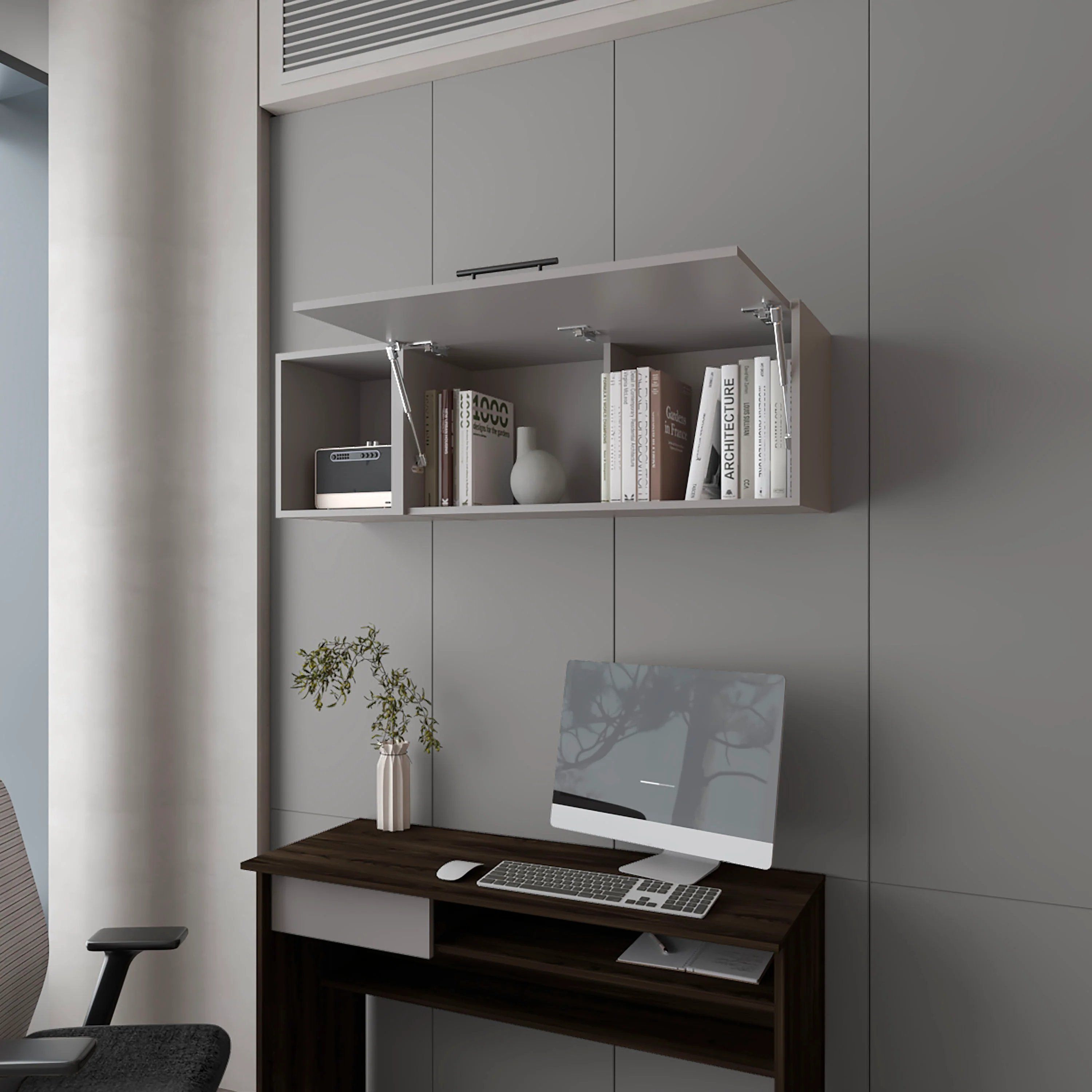 Smoke Wall Cabinet With Pneumatic Arms And Open Storage