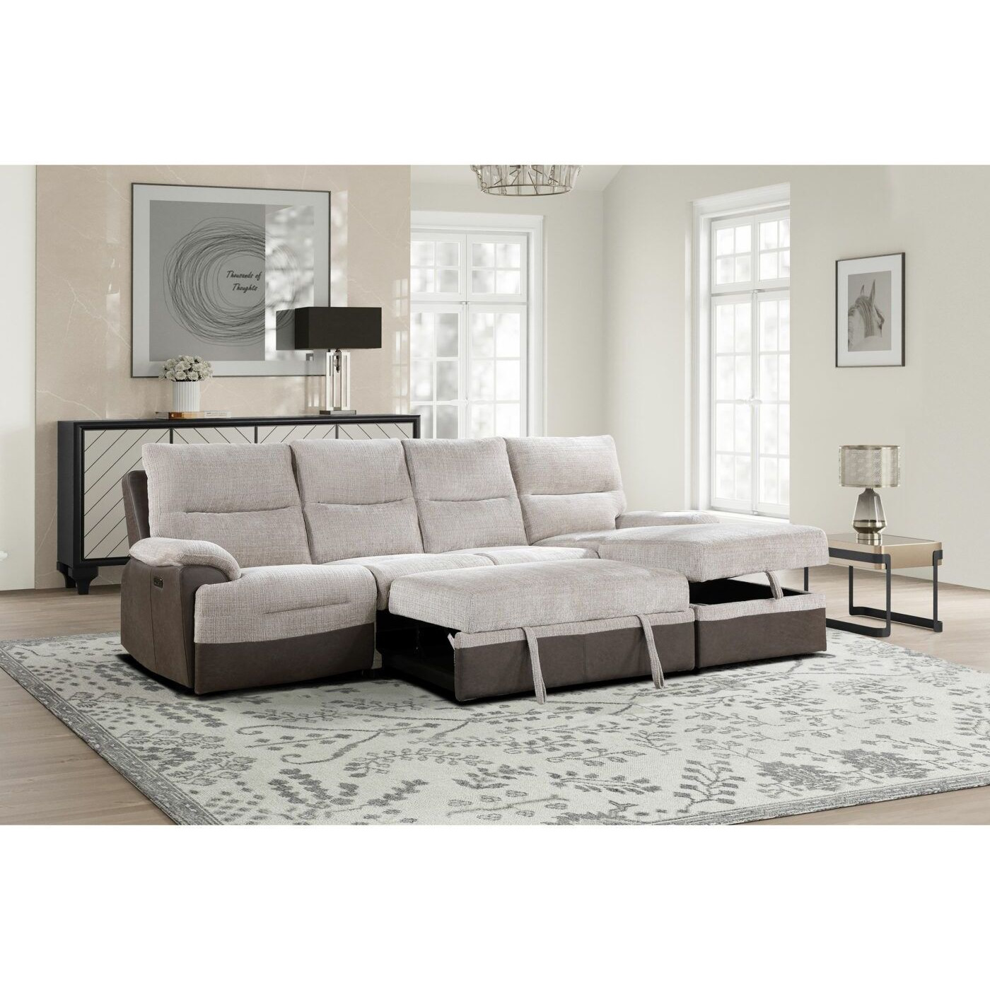 Kia Beige/Brown Sectional With Po And Usb