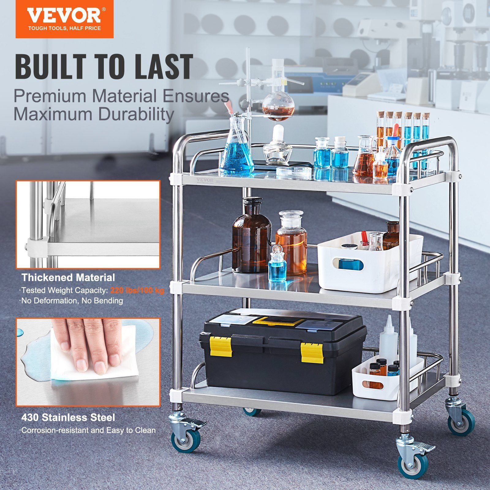 Vevor Lab Rolling Cart  3-Shelf Stainless Steel Rolling Cart  Lab Serving Cart With Swivel Casters  Dental Utility Cart For Clinic  Lab  Hospital  Salon  26.38"&quotX15.55"&quotX34.13""