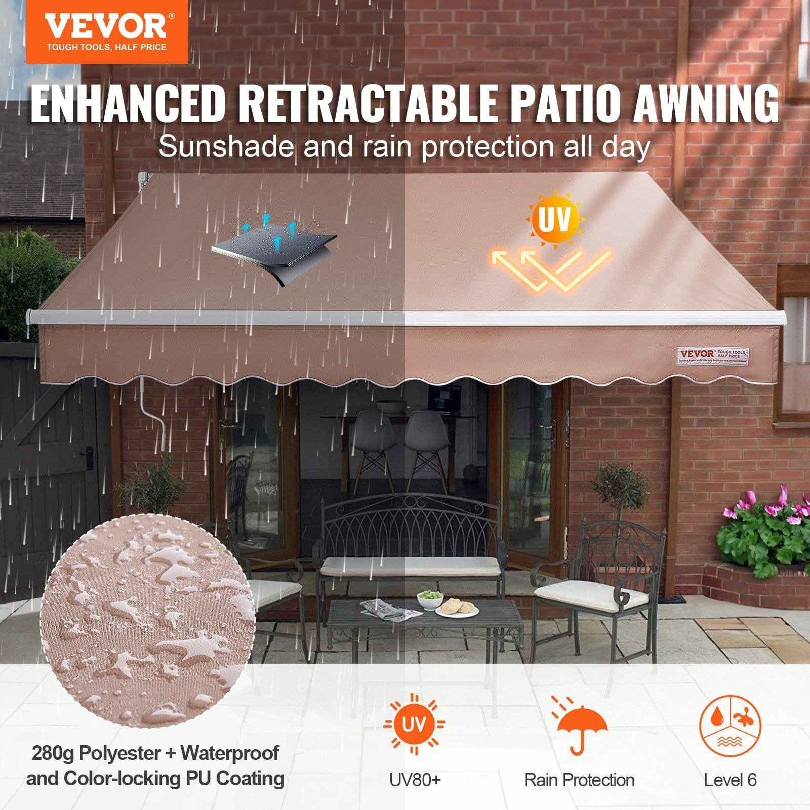 Vevor Manual Retractable Awning  12 X 10 Ft Outdoor Patio Awning Retractable Sun Shade  Water-Resistant Polyester Patio Door Window Awning Sunshade Shelter With Crank Handle For Backyard  Balcony
