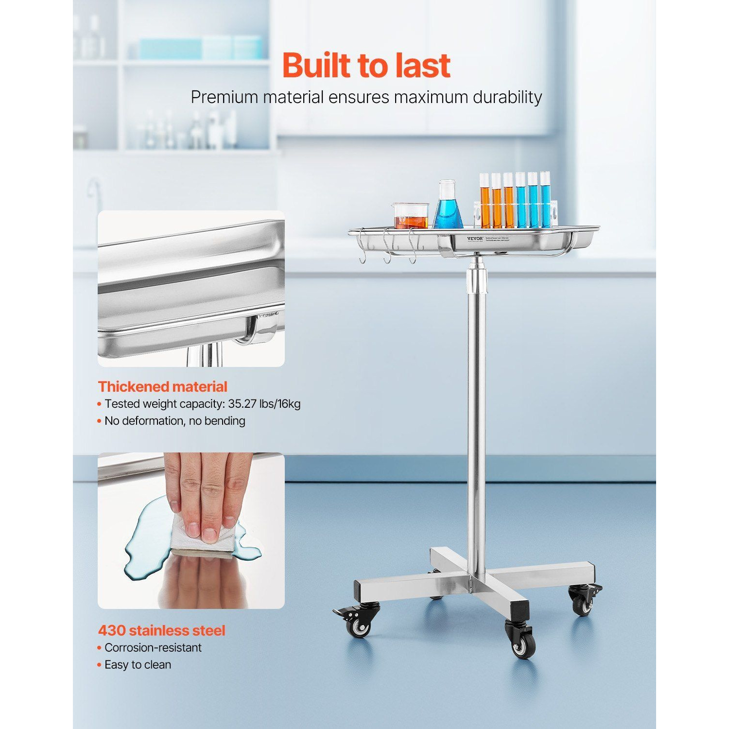 Mobile Mayo Stand Stainless Steel Mayo Tray 25.2""-39.8"" With Removable Tray