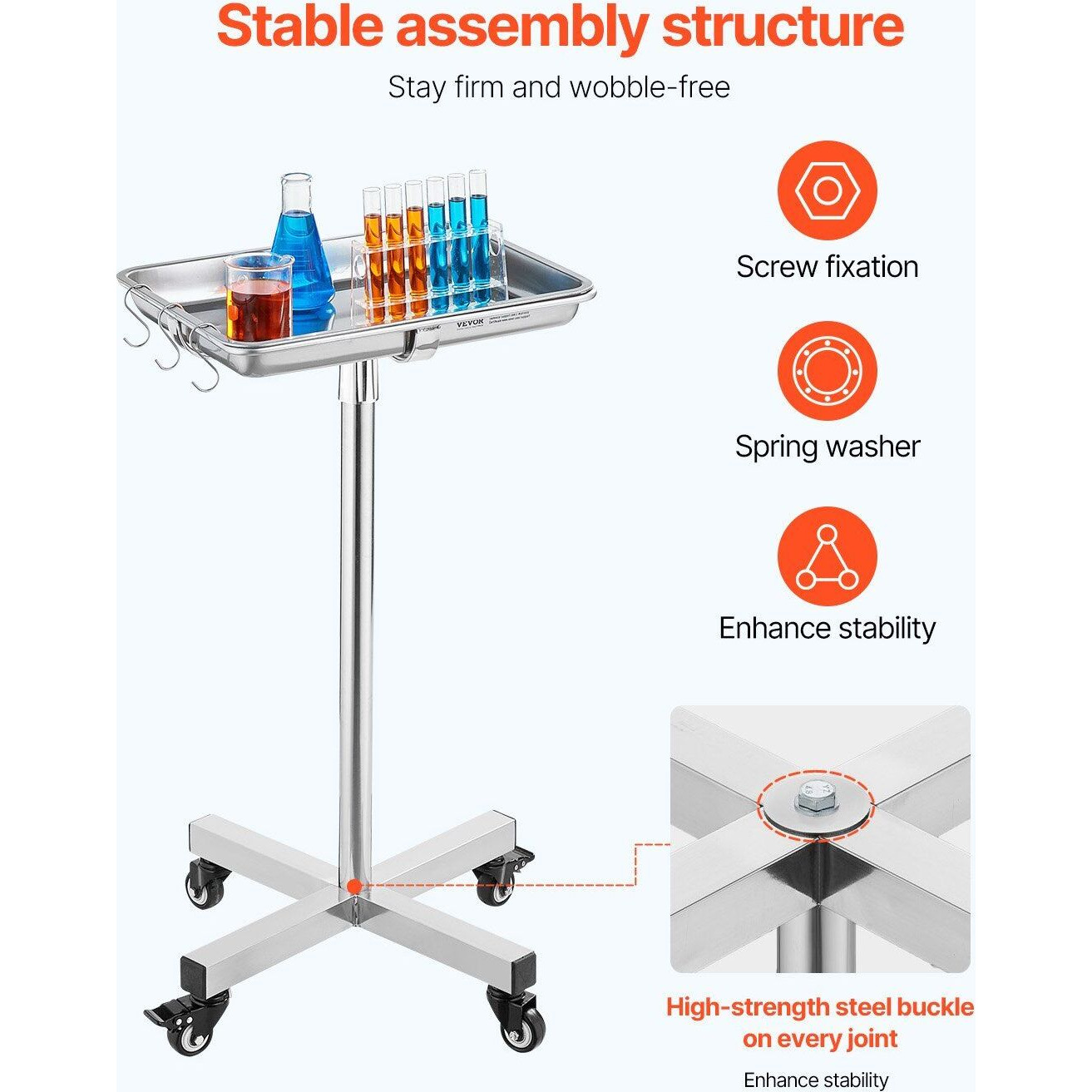 Mobile Mayo Stand Stainless Steel Mayo Tray 25.2""-39.8"" With Removable Tray