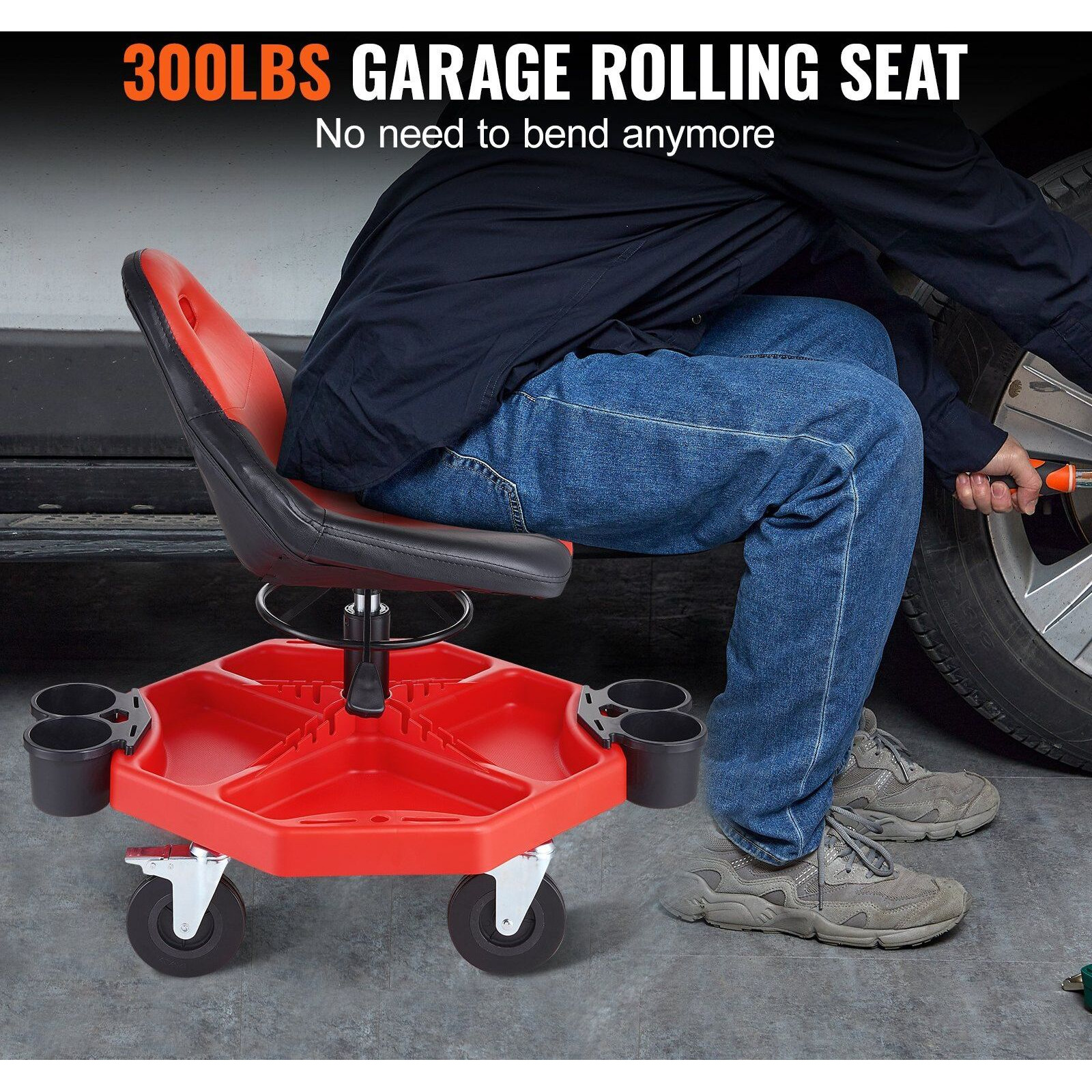 Vevor Rolling Garage Stool 300Lbs Adjustable Mechanic Work Shop Seat W/Casters