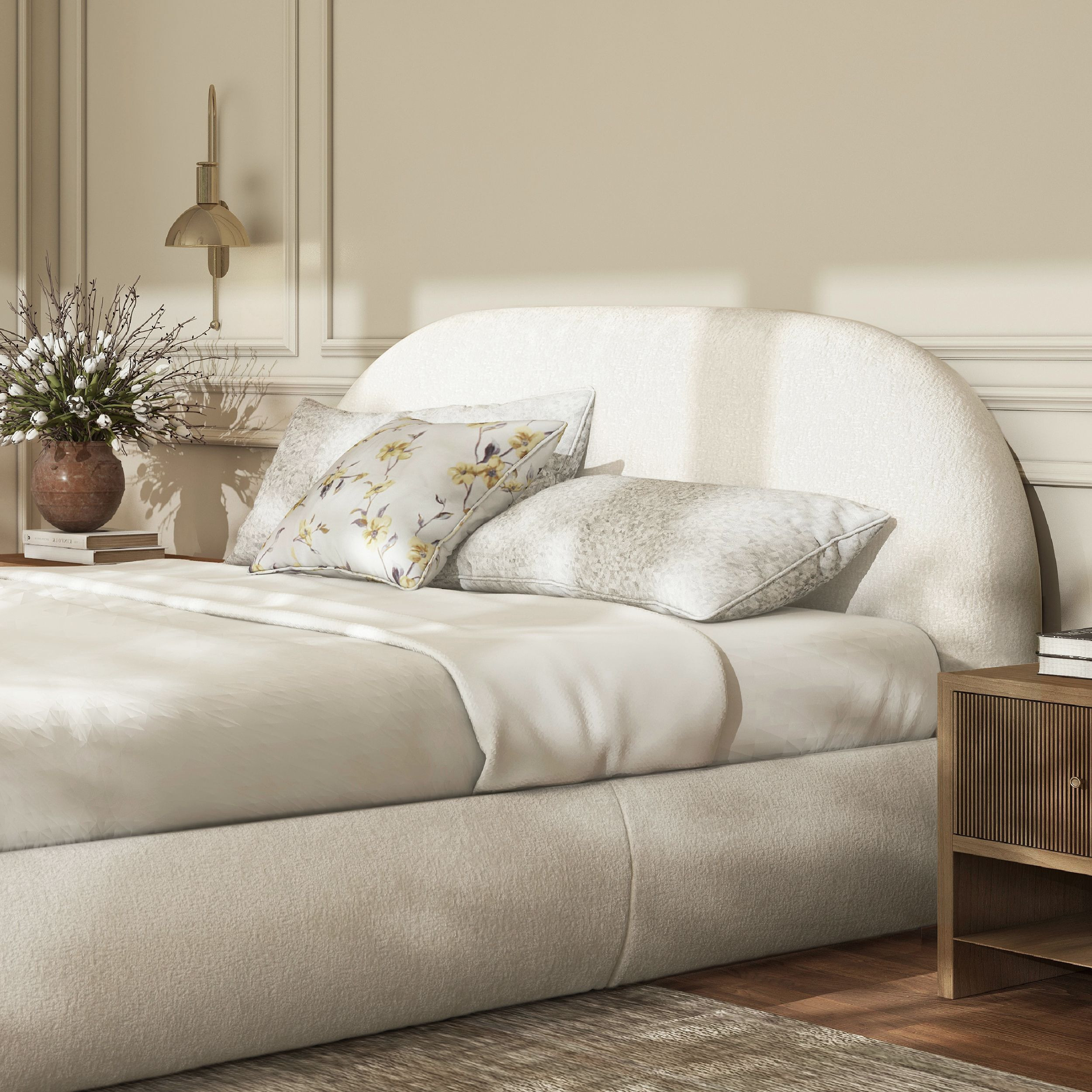 Archie Puffy Grounded Upholstered Platform Bed  Queen  Almond White