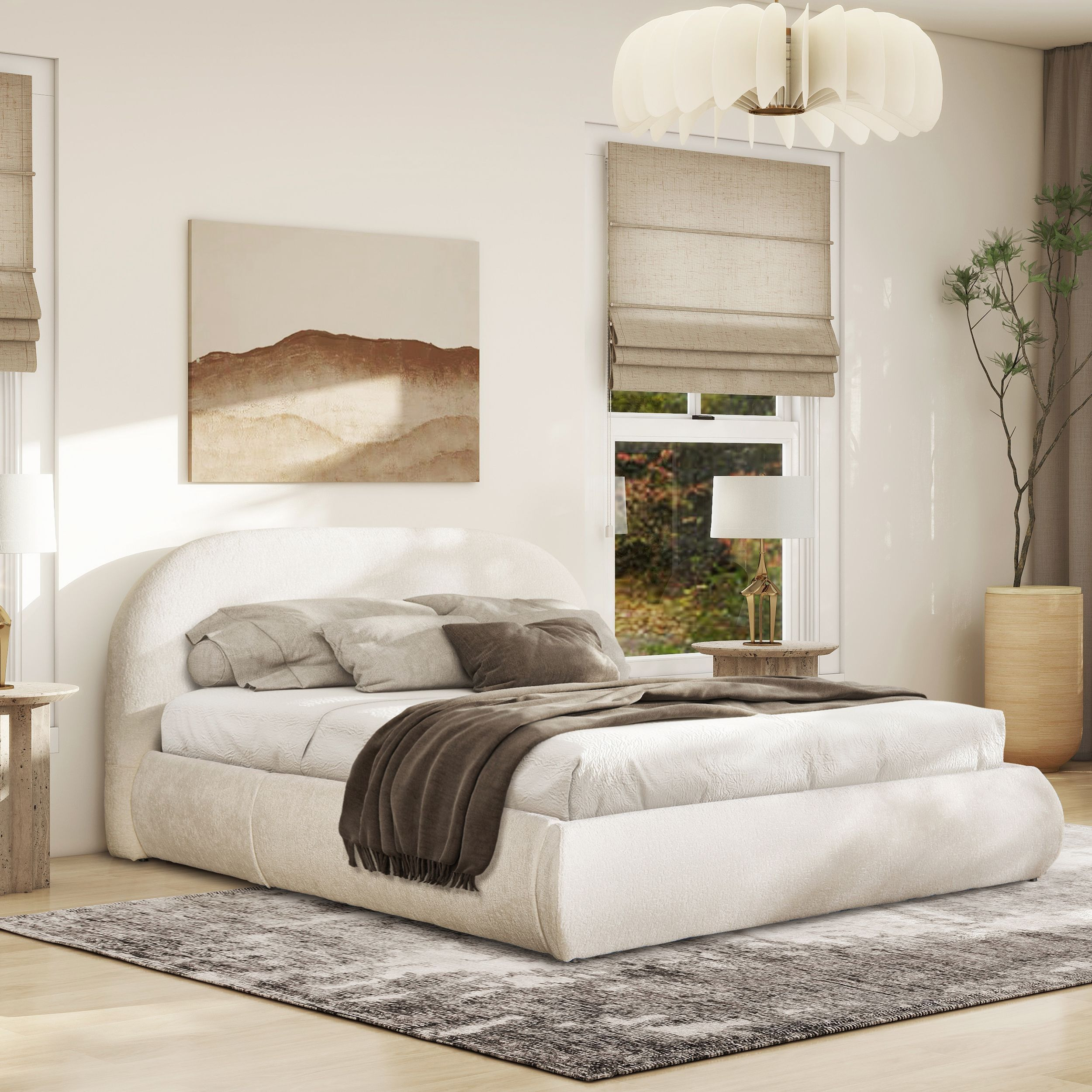 Archie Puffy Grounded Upholstered Platform Bed  Queen  Almond White
