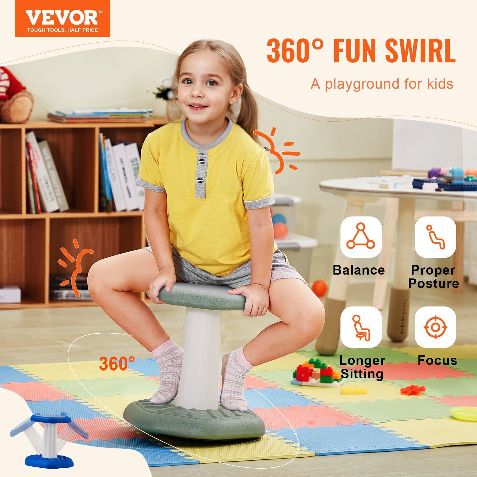 Vevor Kids Wobble Chair Active Chair With Sponge Cushion  Wobble Stool Improves Focus  Posture And Calm Children  Ideal For Schools And Preschools  Age 3-7  Green