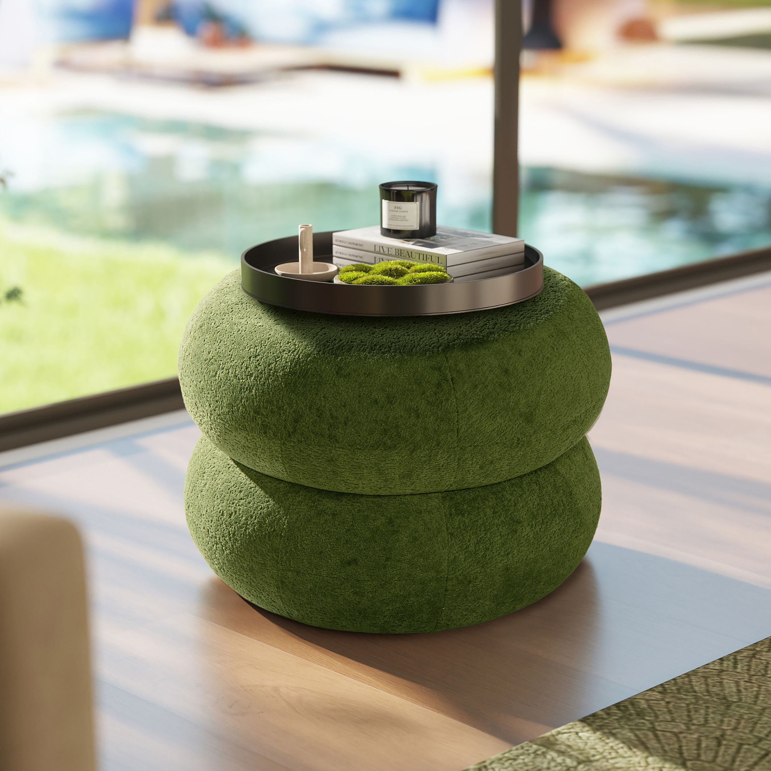 Nest 19.5"" Low Round Upholstered Ottoman  Moss Green